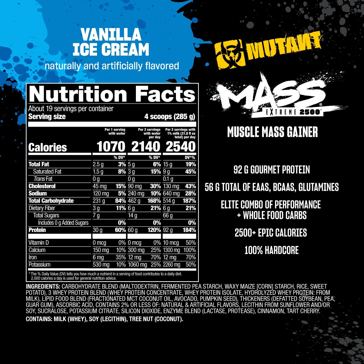 Vanilla Ice Cream Whey Protein Powder for Muscle Growth - Mutant Mass Extreme Gainer with High-Density Clean Calories - 12 lbs
