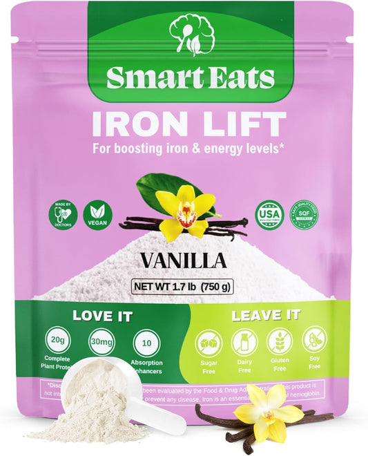 Vanilla Iron Lift Powder Supplement | 30mg Iron, 20g Protein, 6g Fiber | Vegan, High Iron Drinks for Energy & Blood Support | Easily Digested | 30 Scoops