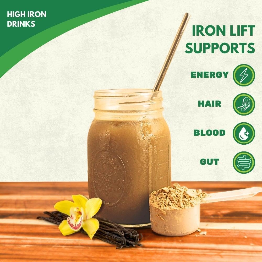 Vanilla Iron Lift Powder Supplement | 30mg Iron, 20g Protein, 6g Fiber | Vegan, High Iron Drinks for Energy & Blood Support | Easily Digested | 30 Scoops