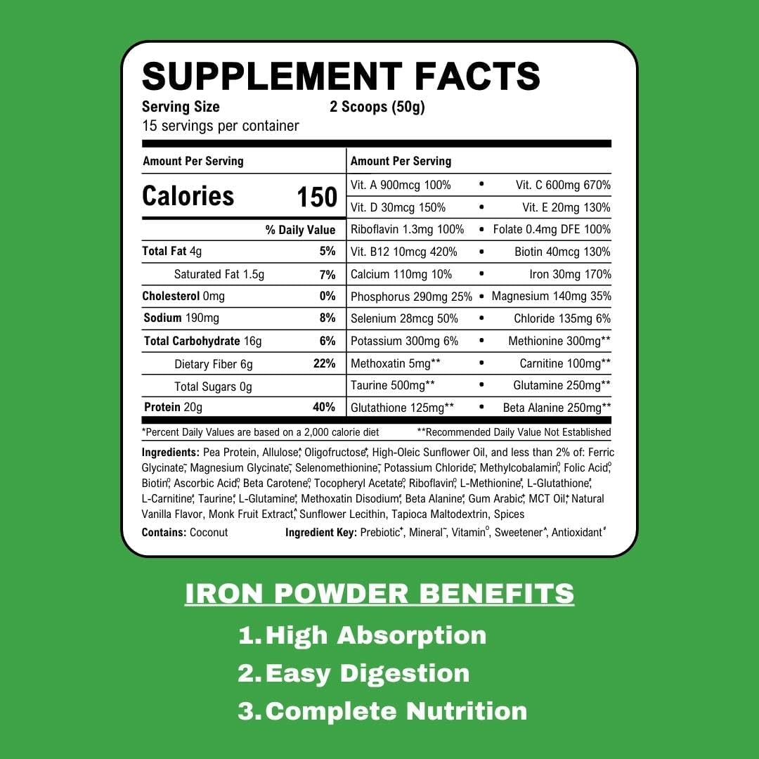 Vanilla Iron Lift Powder Supplement | 30mg Iron, 20g Protein, 6g Fiber | Vegan, High Iron Drinks for Energy & Blood Support | Easily Digested | 30 Scoops