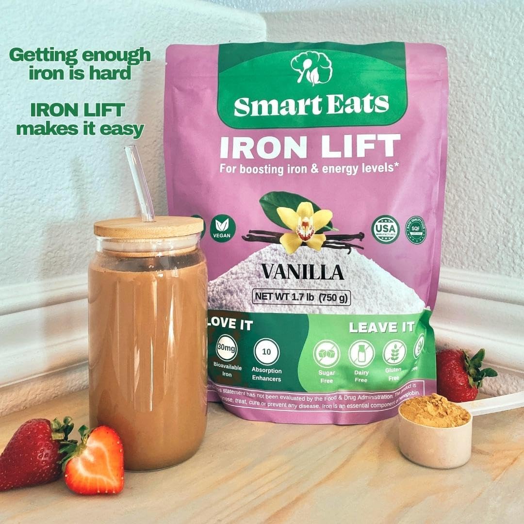 Vanilla Iron Lift Powder Supplement | 30mg Iron, 20g Protein, 6g Fiber | Vegan, High Iron Drinks for Energy & Blood Support | Easily Digested | 30 Scoops