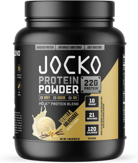 Vanilla Jocko-Mölk Protein Powder - Grass-Fed Whey, Micellar Casein, Egg Protein Blend with Digestive Enzymes and Probiotics, Sugar-Free, Soy-Free, Gluten-Free (21 Servings)