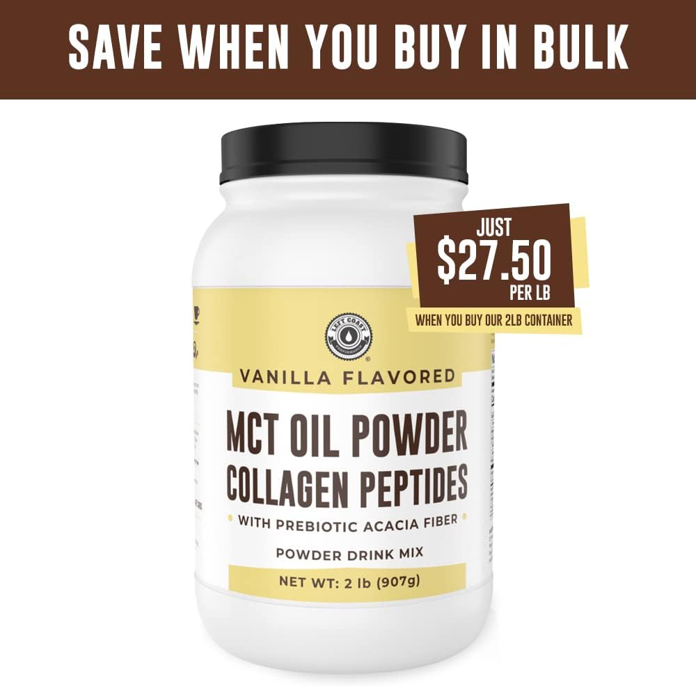 Vanilla Keto MCT Powder with Collagen and Prebiotic Fiber - Grass Fed, 0 Net Carb, Stevia Sweetened
