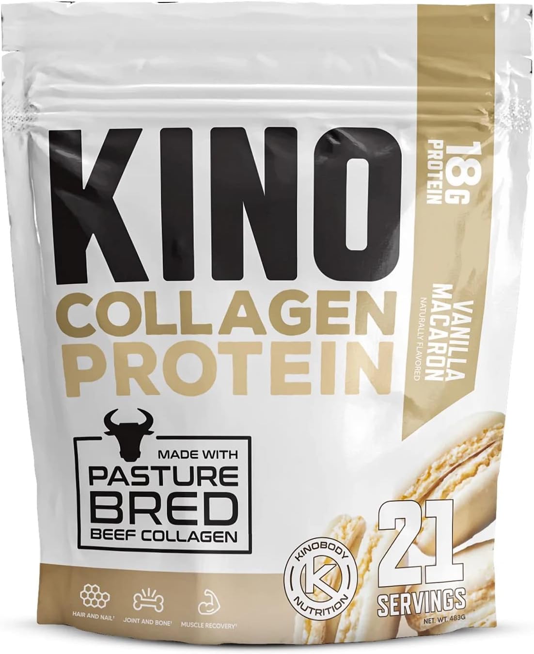 Vanilla Macaroon Kinobody Collagen Protein with MCT for Healthy Skin, Bones, and Joints - Grass-Fed Peptides for Men and Women