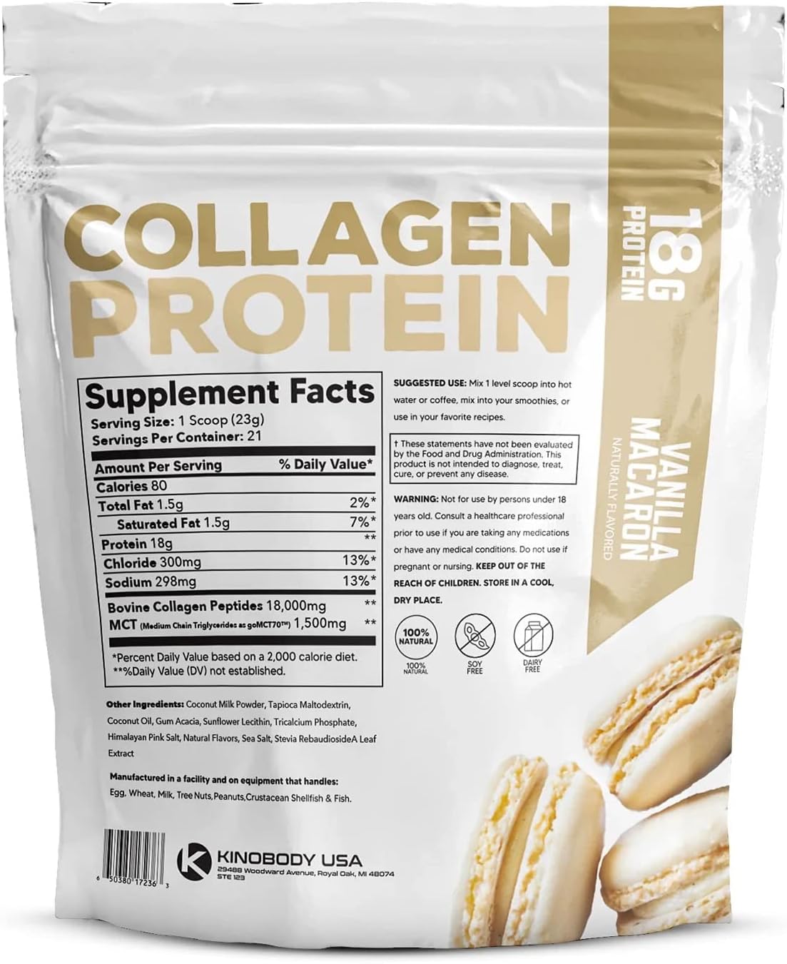 Vanilla Macaroon Kinobody Collagen Protein with MCT for Healthy Skin, Bones, and Joints - Grass-Fed Peptides for Men and Women