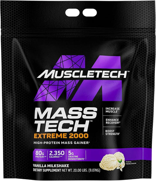 Vanilla Mass-Tech Extreme 2000 Protein Powder for Women & Men, Muscle Builder with Whey Protein, Creatine, and Carbs, 20 lbs