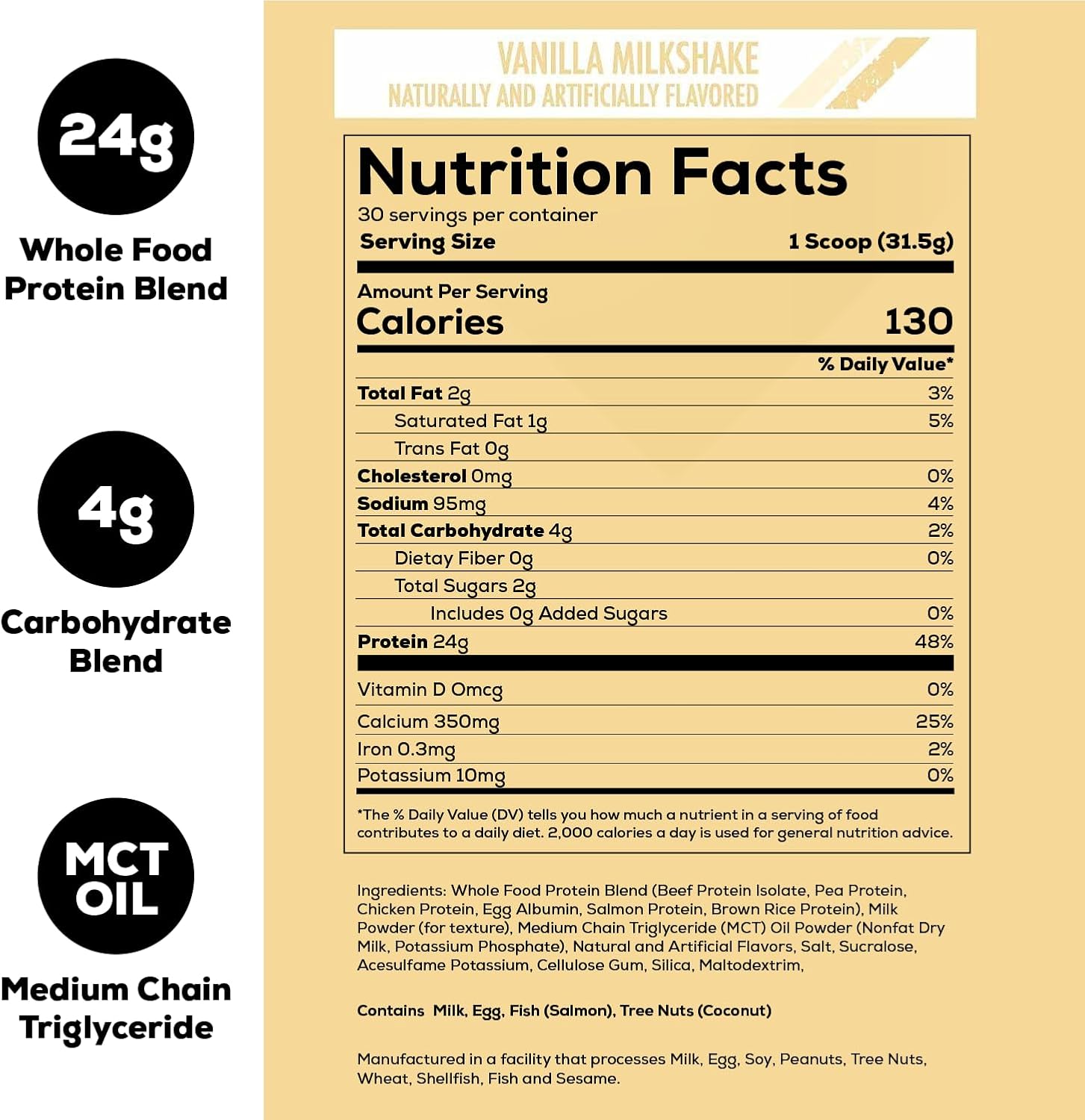 Vanilla Milkshake MRE Lite Protein Powder - Low Carb, Whey Free Meal Replacement with Animal Protein Blends, Easy to Digest - 30 Servings