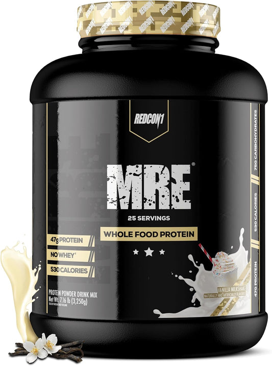 Vanilla Milkshake MRE Protein Powder with MCT Oil & Whole Foods - Natural Muscle Recovery Aid (25 Servings)