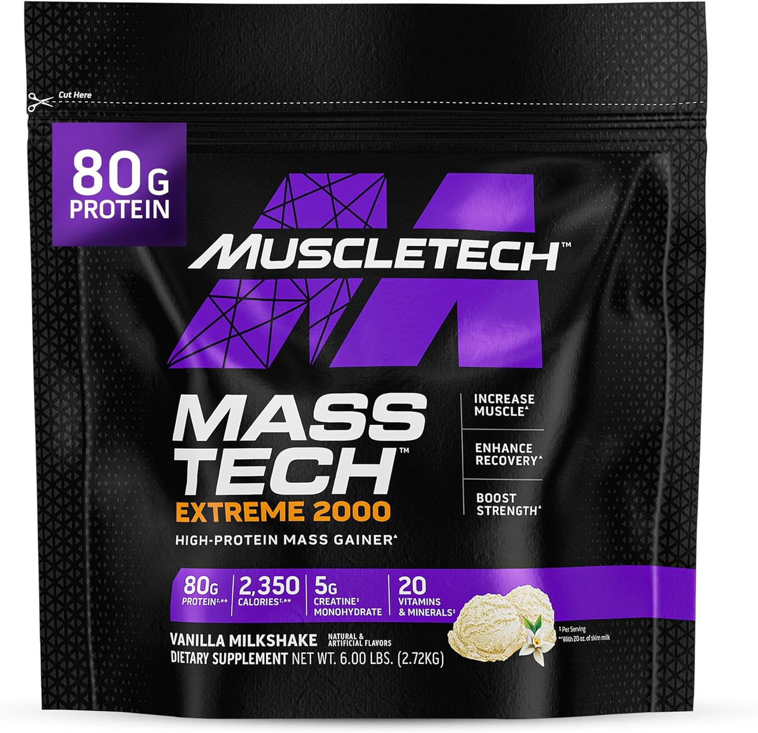 Vanilla Milkshake Muscletech Mass Tech Extreme 2000 High-Protein Mass Gainer - 6LB Powder Supplement for Muscle Growth & Recovery