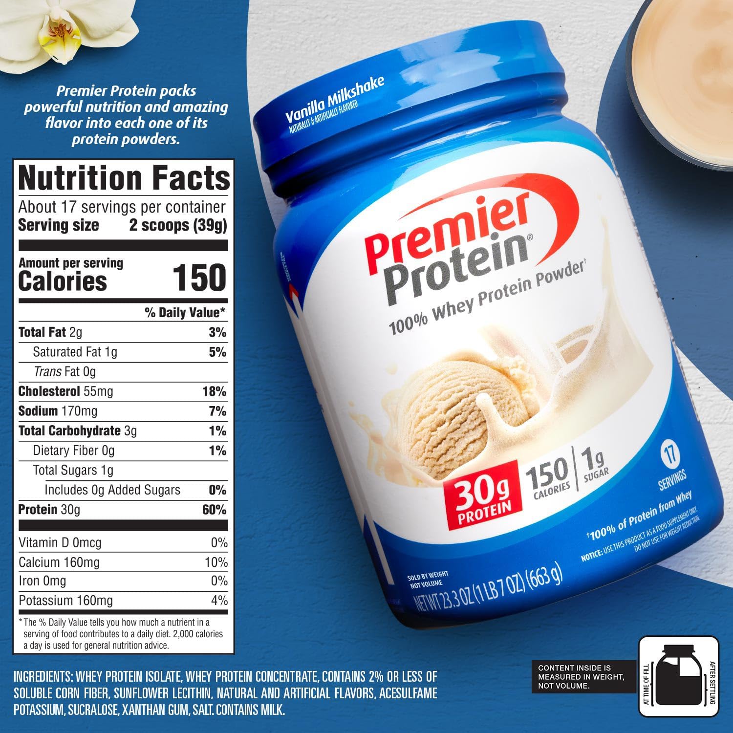 Vanilla Milkshake Premier Protein Powder - 30g Protein, 1g Sugar, 100% Whey, Keto, Soy-Free, Gluten-Free - 17 Servings, 23.3oz