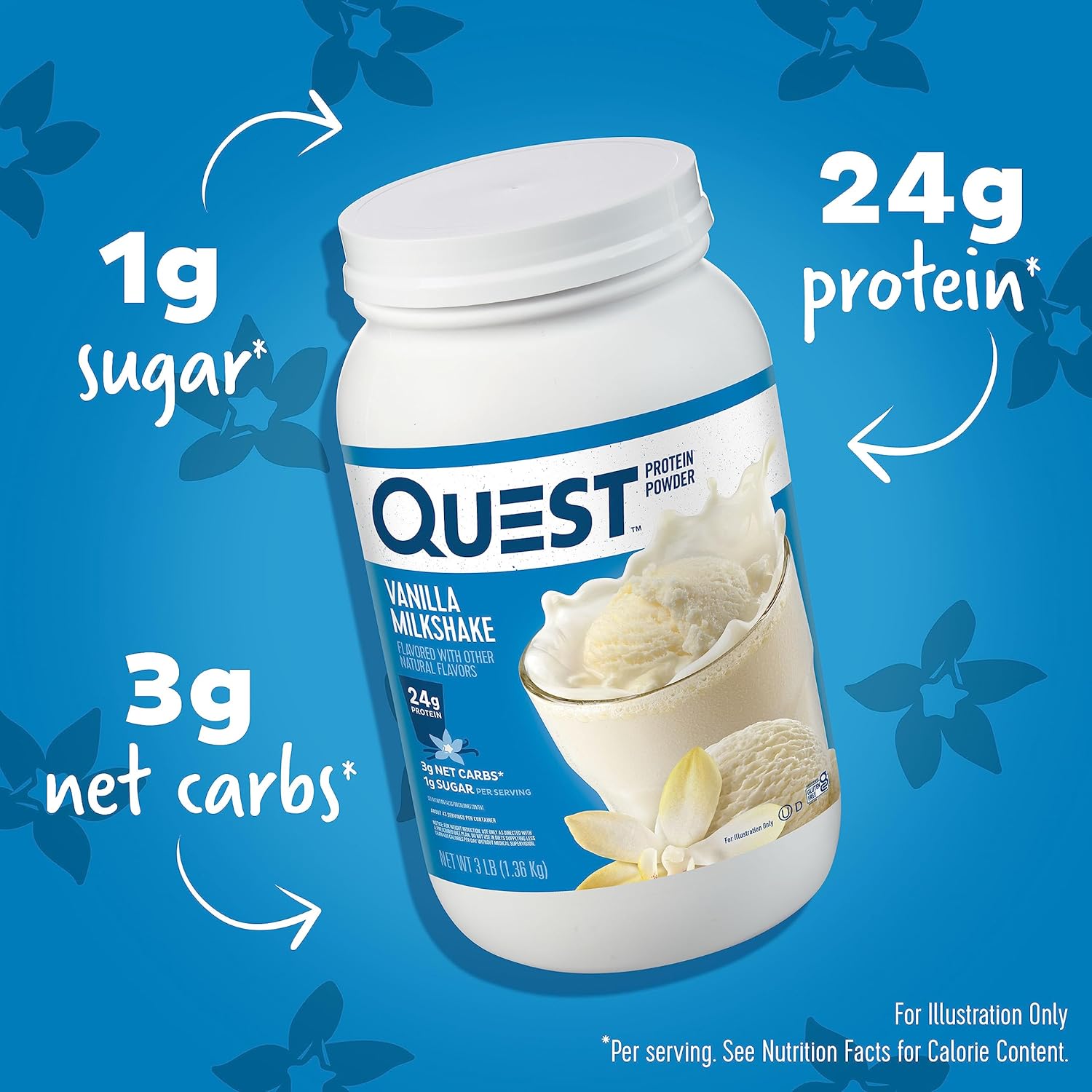 Vanilla Milkshake Protein Powder - 24g Protein, 1g Sugar, Low Carb, Gluten Free - 3lb, 43 Servings