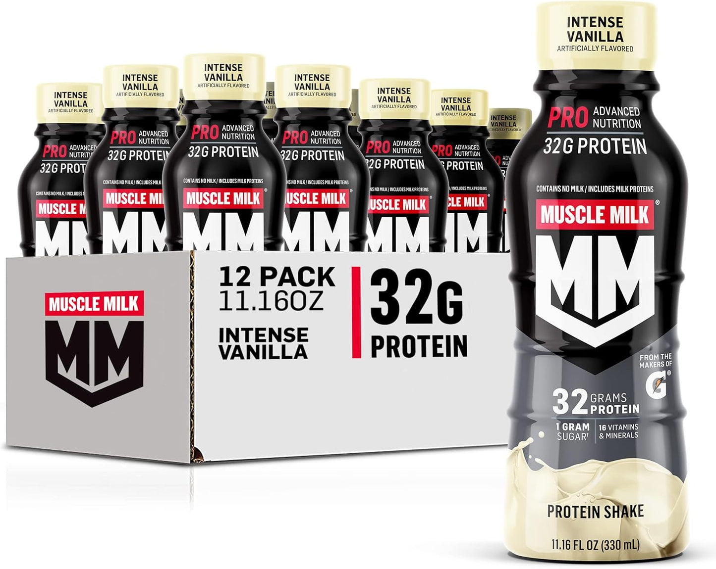Vanilla Muscle Milk Pro Protein Shake 12-Pack, 32g Protein, 1g Sugar, 16 Vitamins, 5g Fiber, Workout Recovery & Snack