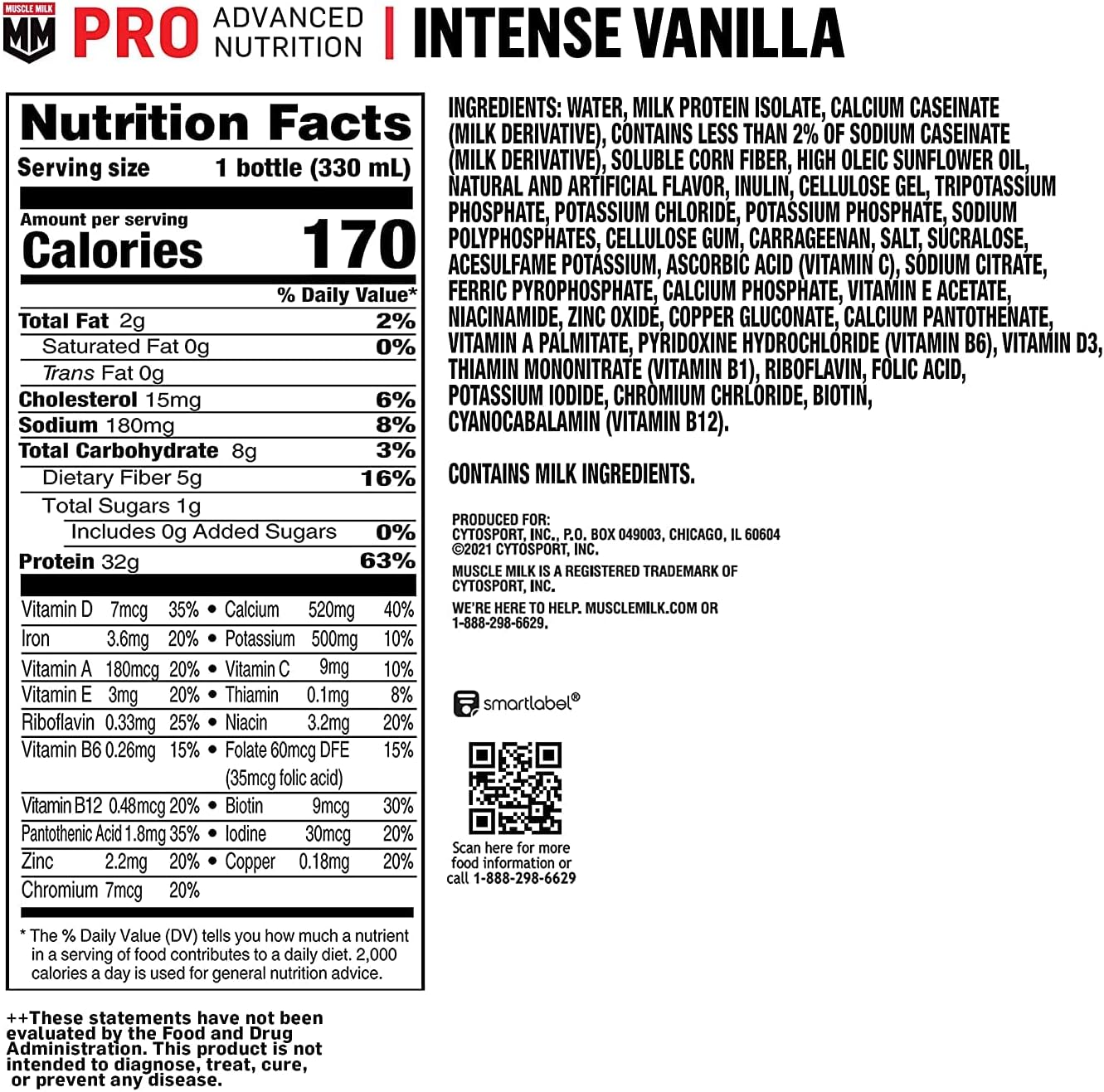 Vanilla Muscle Milk Pro Protein Shake 12-Pack, 32g Protein, 1g Sugar, 16 Vitamins, 5g Fiber, Workout Recovery & Snack