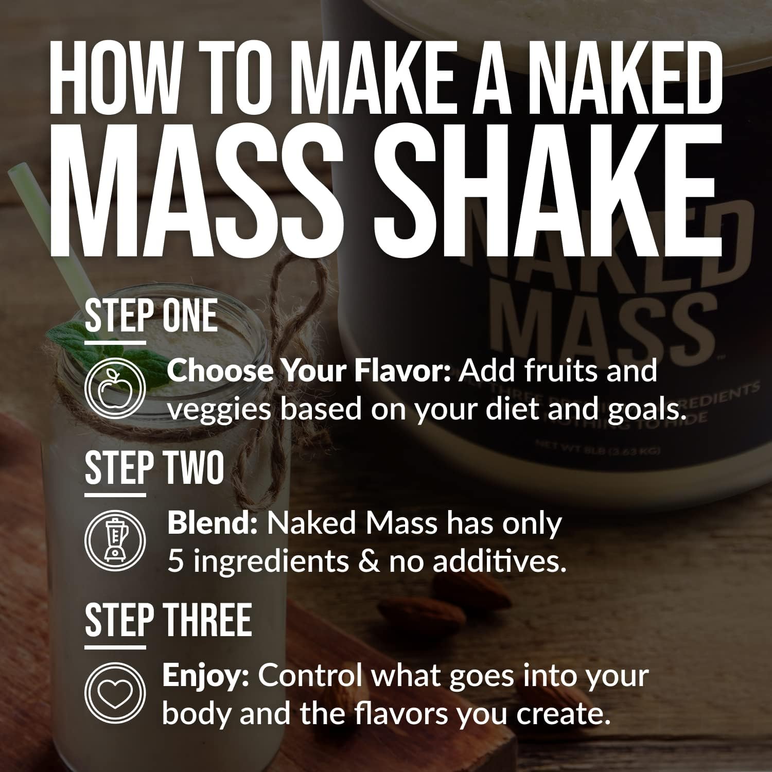 Vanilla Naked Mass Weight Gainer Protein Powder - 8lb Bulk, All Natural, GMO Free, Gluten Free, Soy Free - 1,260 Calories