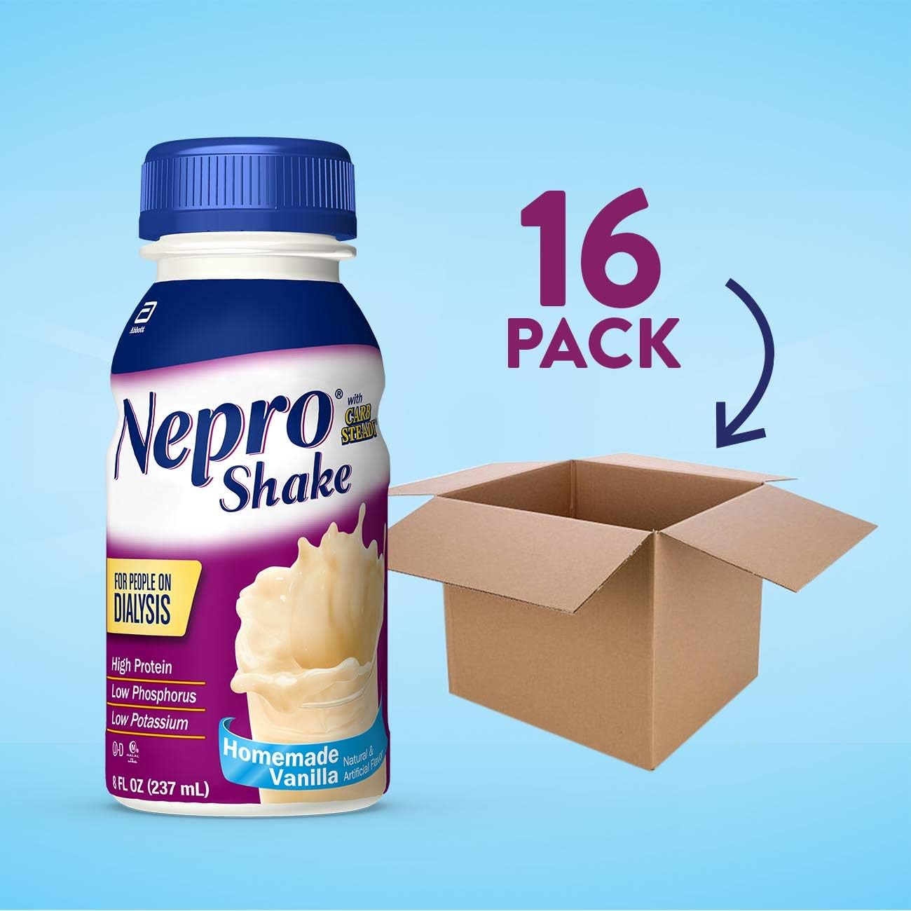 Vanilla Nepro Nutrition Shake: 16-Pack with 19g Protein & 420 Calories for Dialysis Patients