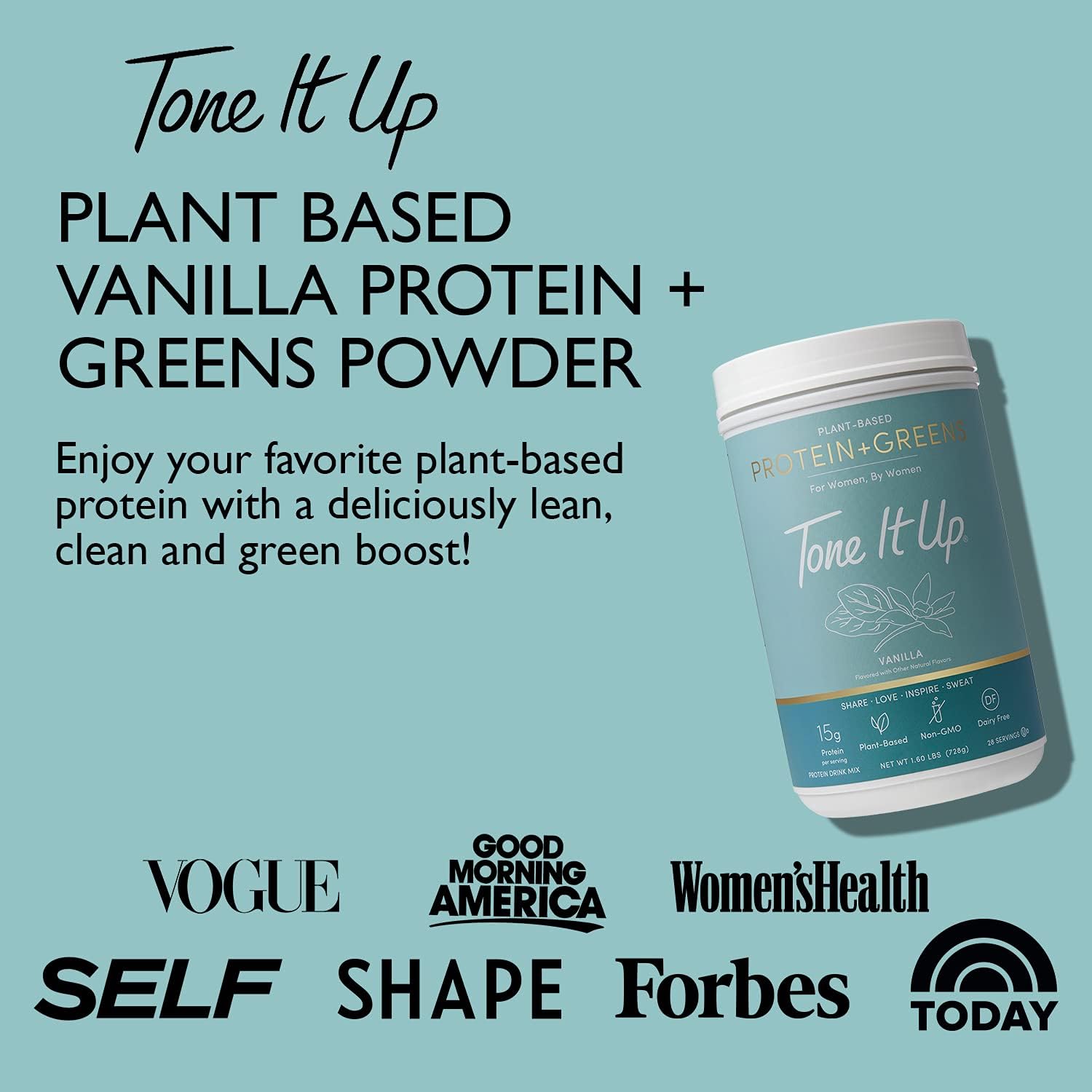 Vanilla Plant Based Protein Powder with Greens for Women - Dairy Free, Non-GMO, Kosher - 14 Servings, 15g Protein per Serving
