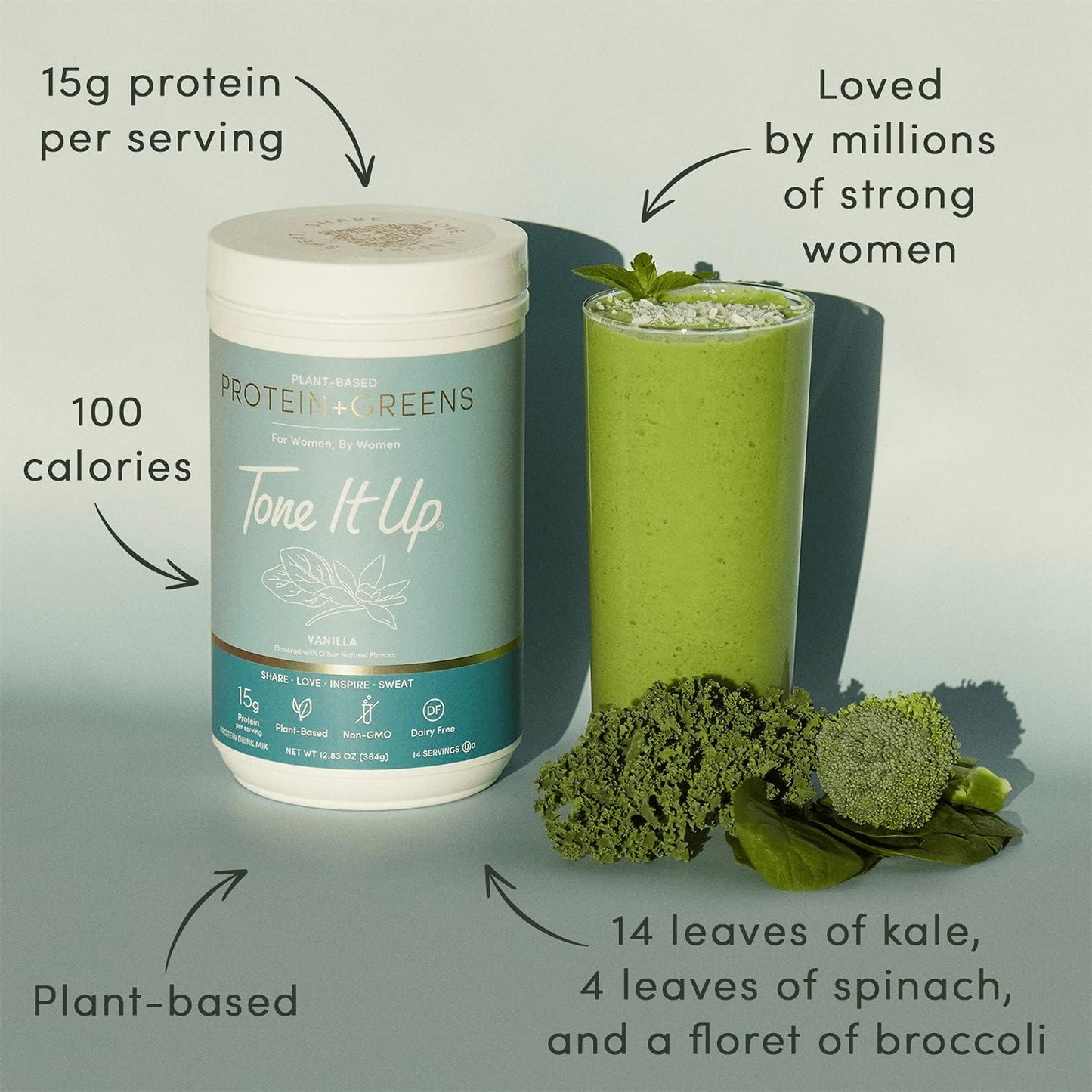 Vanilla Plant Based Protein Powder with Greens for Women - Dairy Free, Non-GMO, Kosher - 14 Servings, 15g Protein per Serving