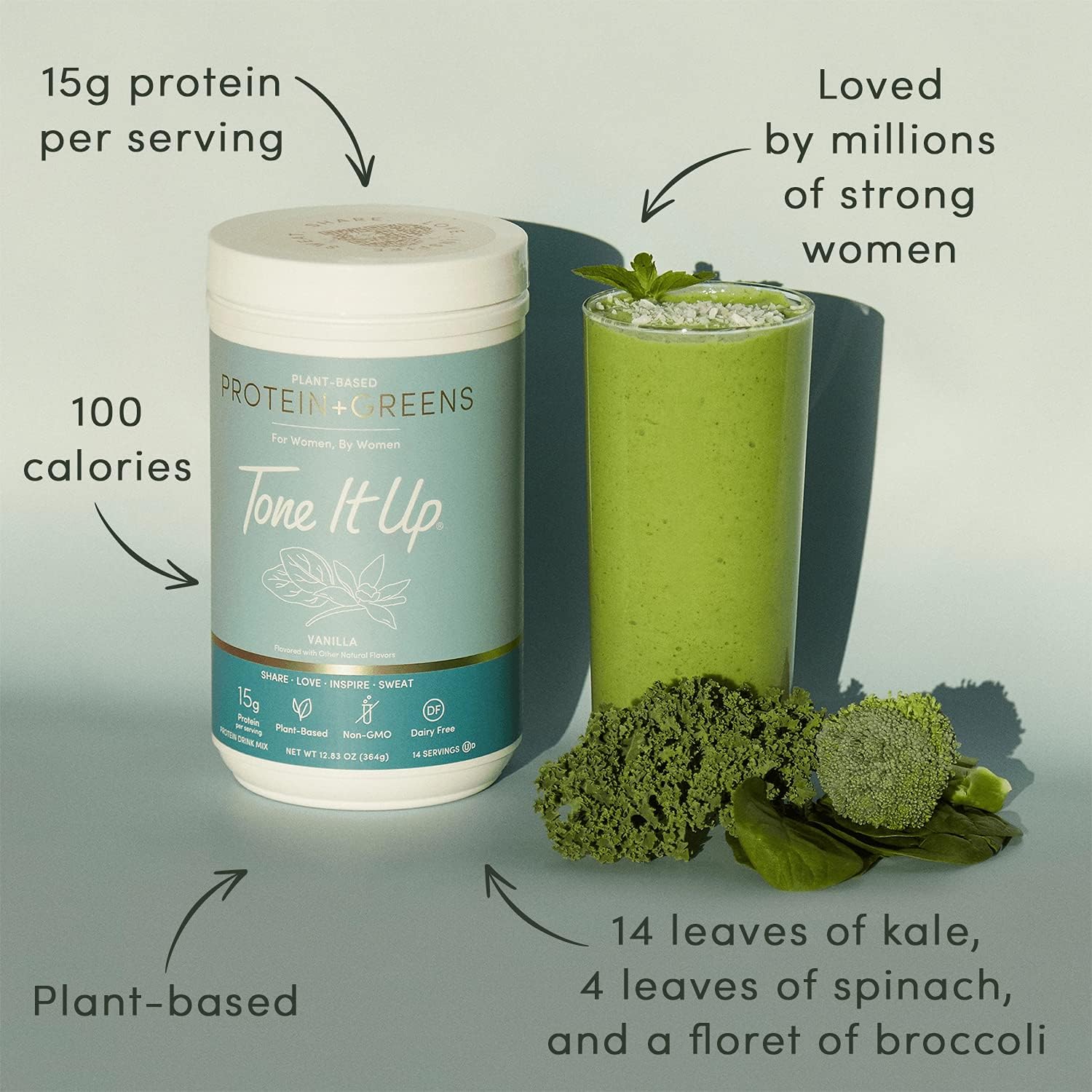 Vanilla Plant Based Protein Powder with Greens for Women - Dairy Free, Non-GMO, Kosher - 14 Servings, 15g Protein per Serving