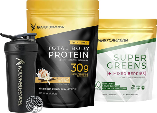Vanilla Protein Powder, Green Juice Superfood Powder & Insulated Shaker Bottle Set for Body Transformation