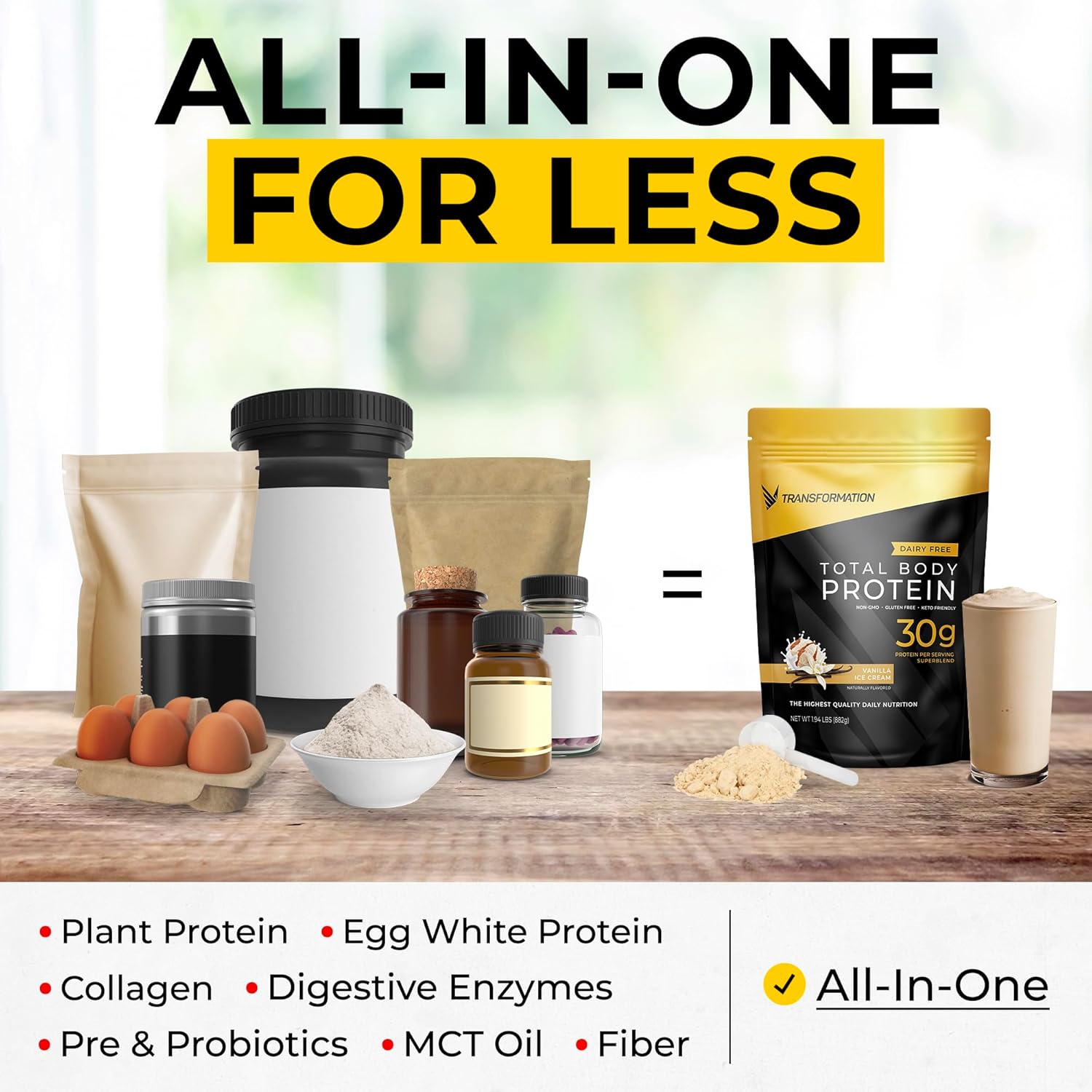 Vanilla Protein Powder, Green Juice Superfood Powder & Insulated Shaker Bottle Set for Body Transformation