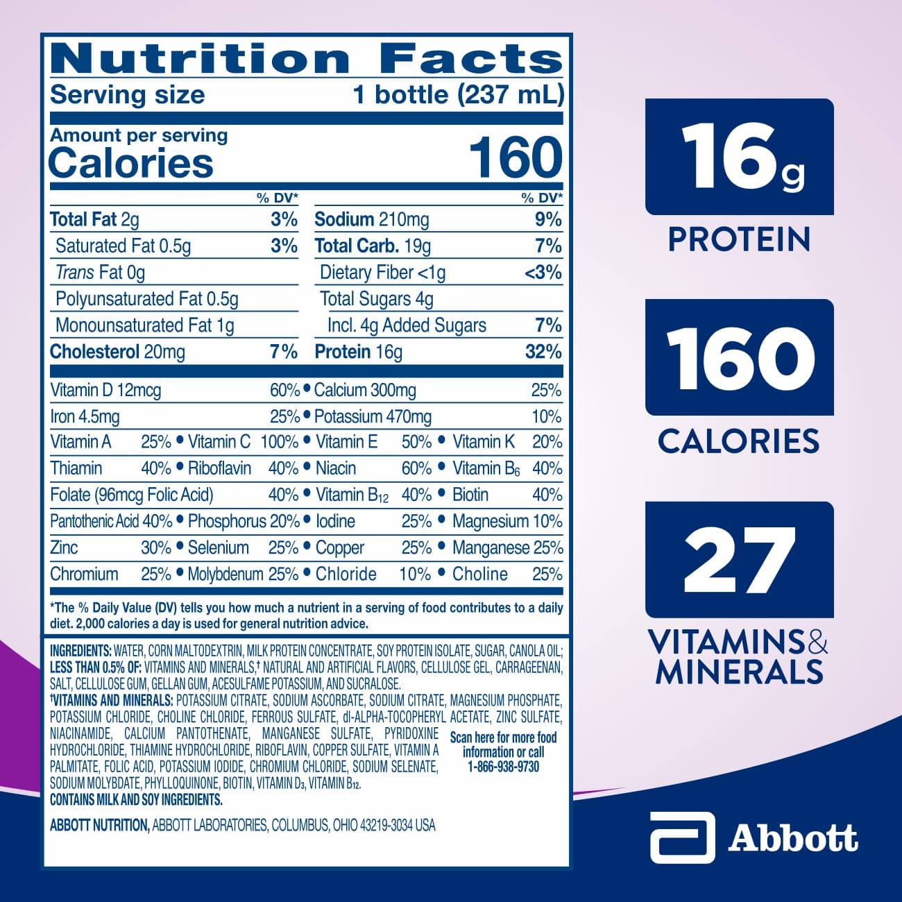 Vanilla Ready-to-Drink Nutritional Shakes - Pack of 24, 16g Protein, Low Fat Meal Replacement