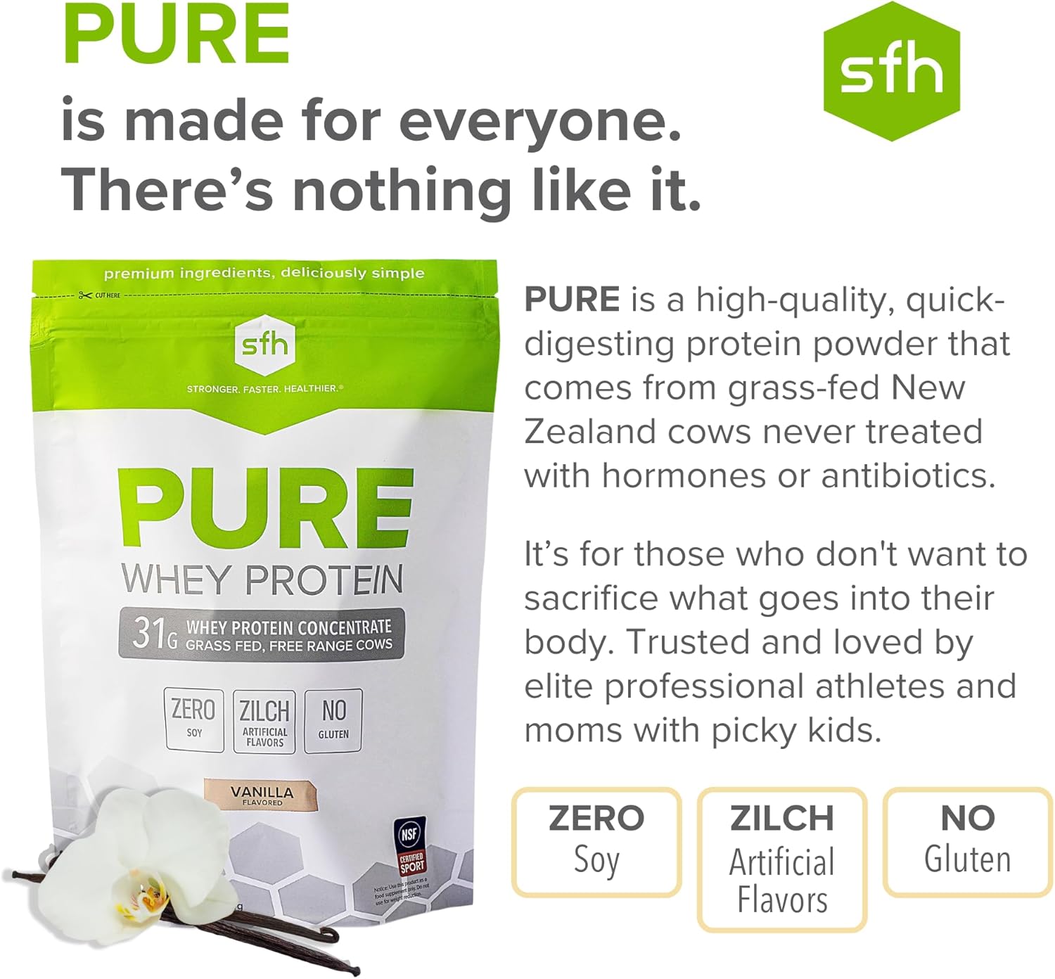 Vanilla SFH Pure Whey Protein Powder - Grass Fed, All Natural, Non-GMO, Soy and Gluten Free - 31.9 oz