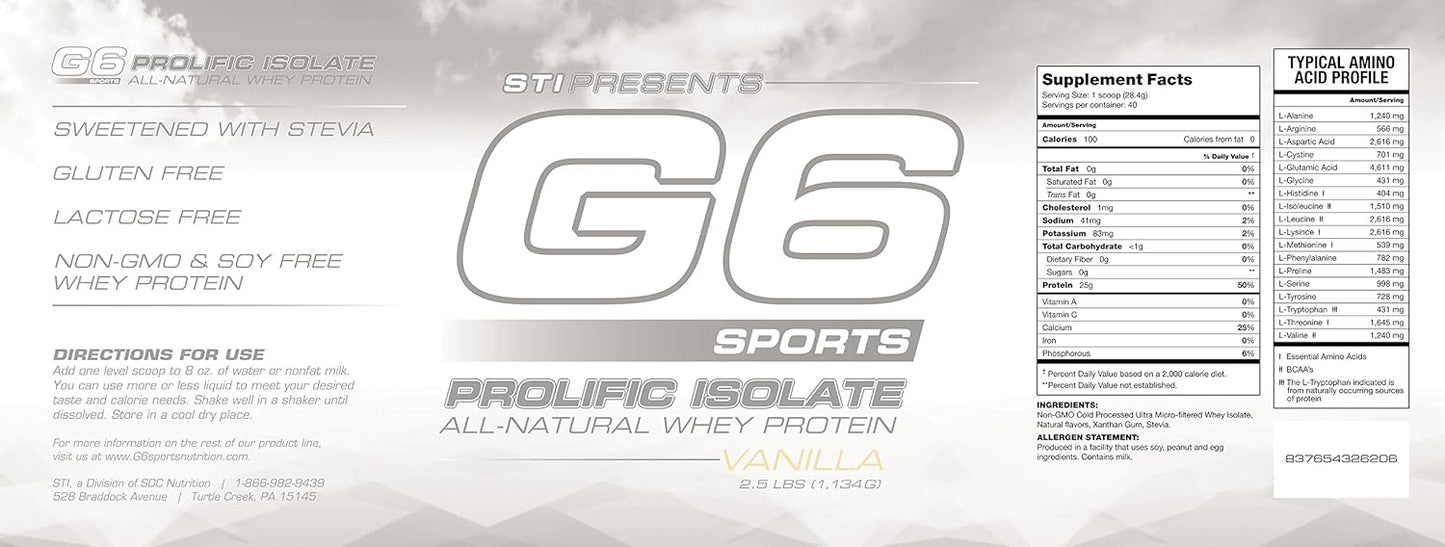Vanilla STI G6 Sports Prolific Isolate Whey Protein Powder - 2.5 lb (40 servings)