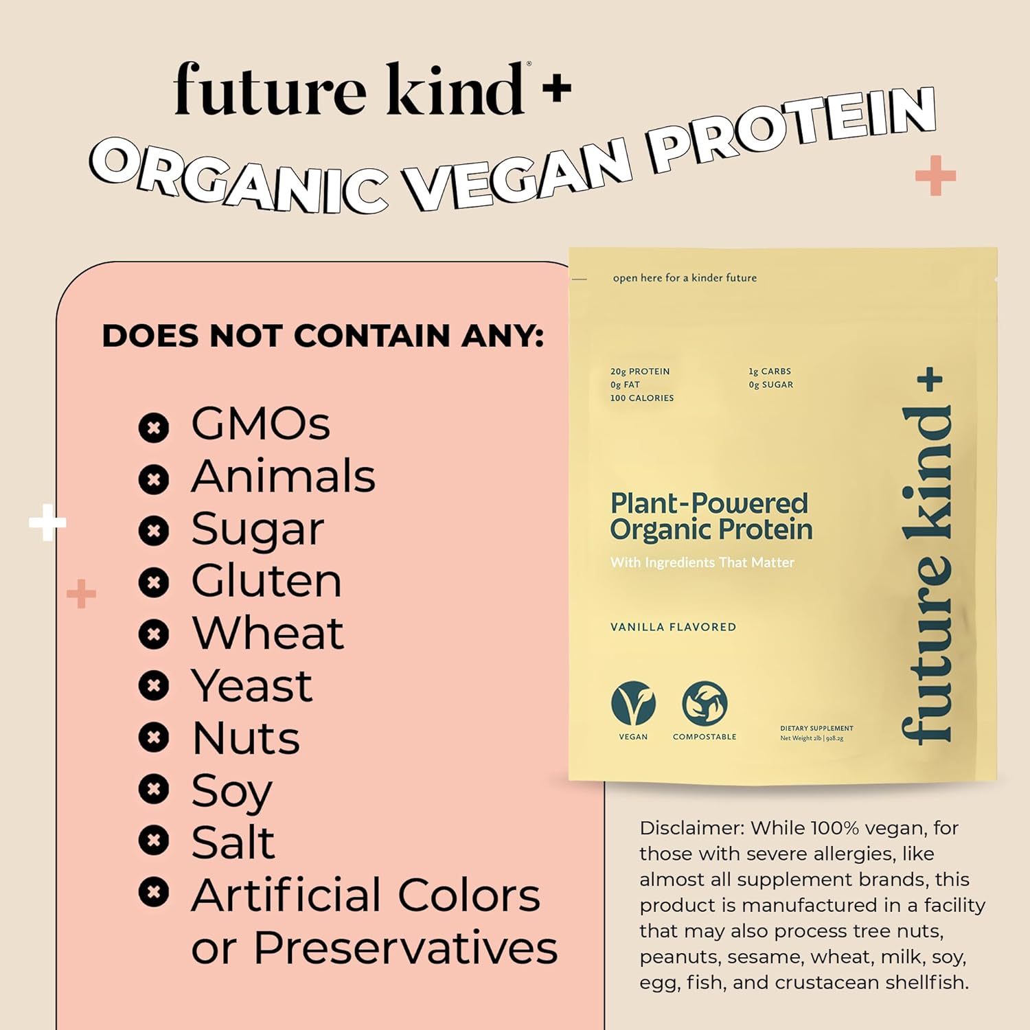 Vanilla Vegan Protein Powder with Pea Plant Protein, Iron & Fiber - Whey-Free, Sugar-Free, Soy-Free - Non-Dairy Supplement for Lean Muscle (34 Servings)