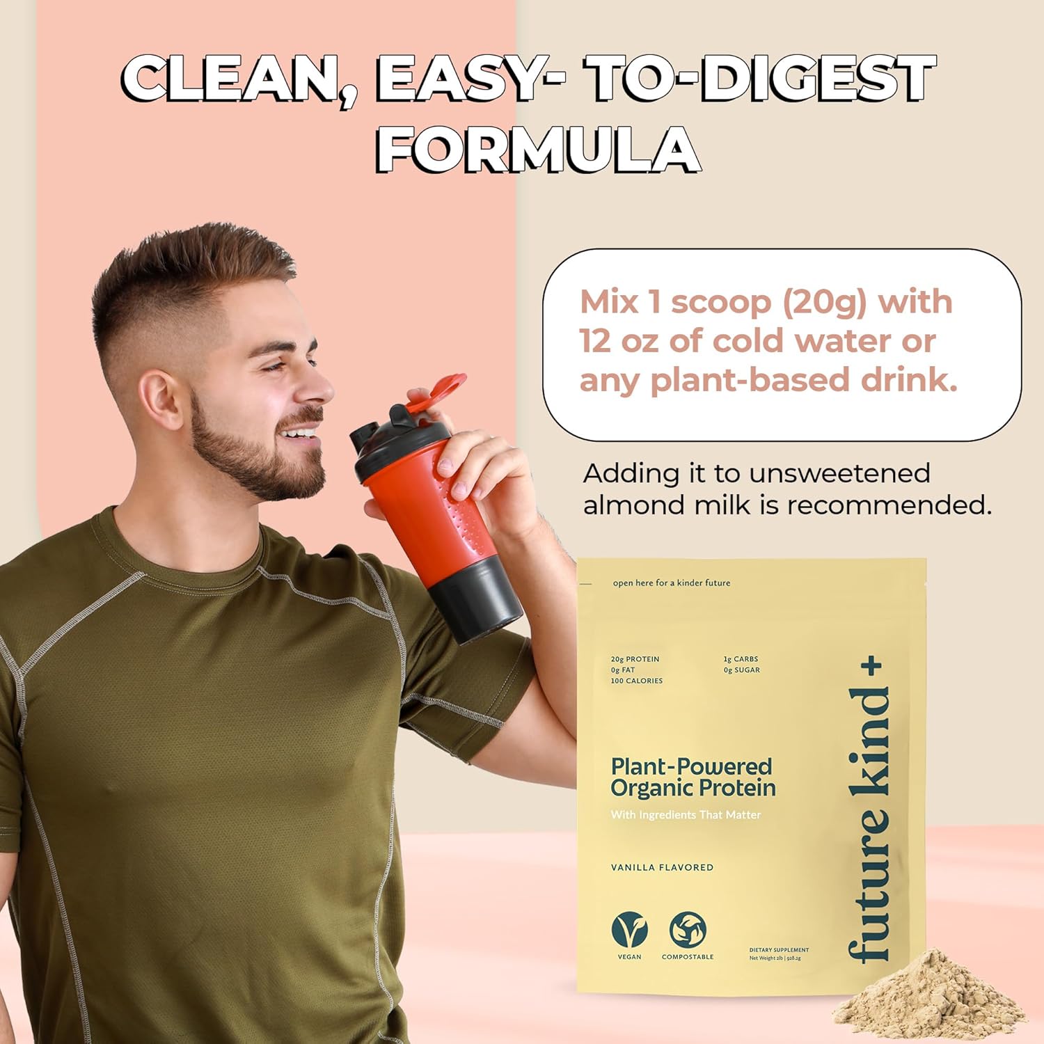 Vanilla Vegan Protein Powder with Pea Plant Protein, Iron & Fiber - Whey-Free, Sugar-Free, Soy-Free - Non-Dairy Supplement for Lean Muscle (34 Servings)