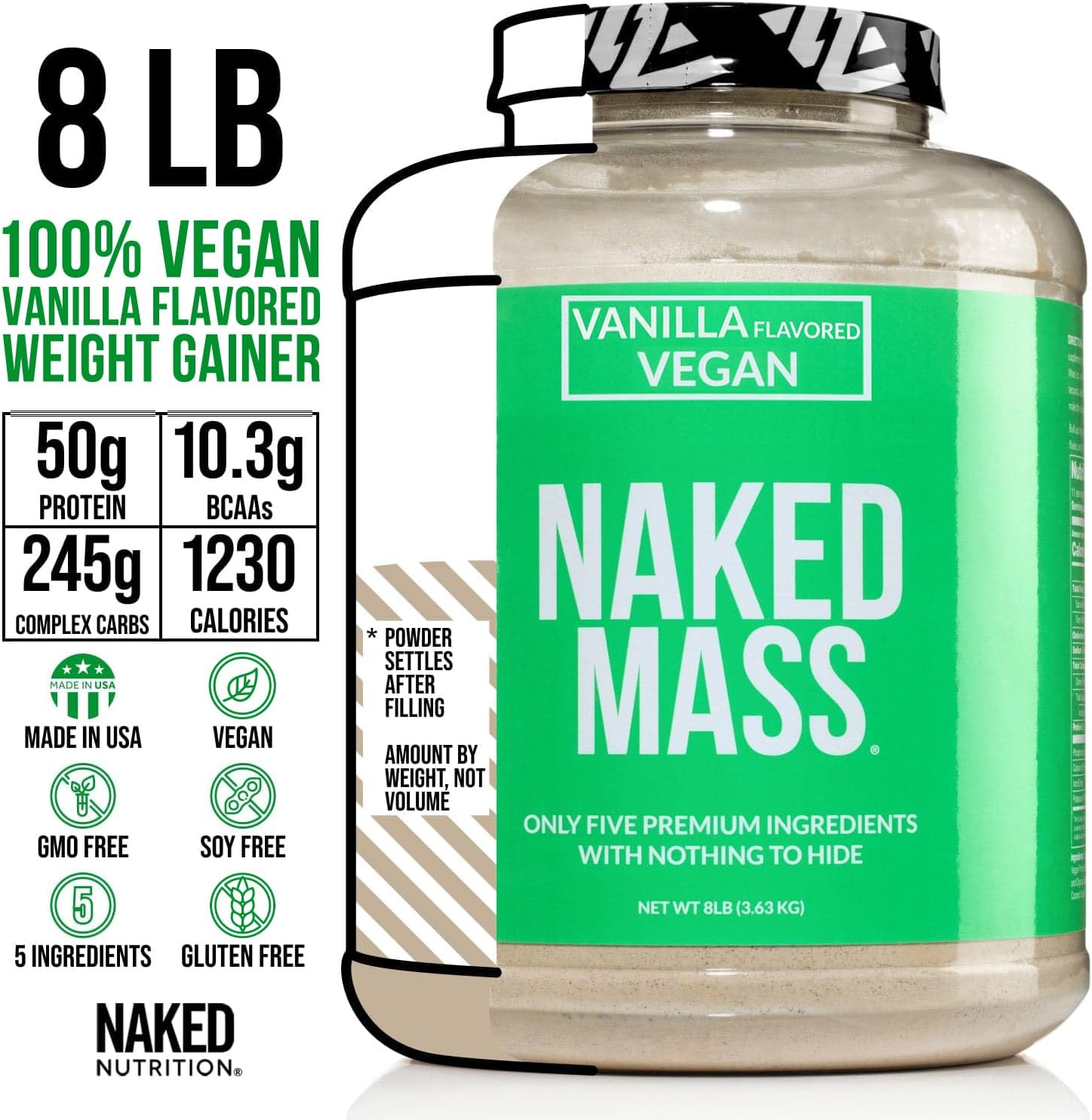 Vanilla Vegan Weight Gainer - Naked Nutrition Naked Mass - 8Lb Bulk - Non-GMO, Gluten-Free, Soy-Free & Dairy-Free - No Artificial Ingredients - 1,230 Calories - 11 Servings