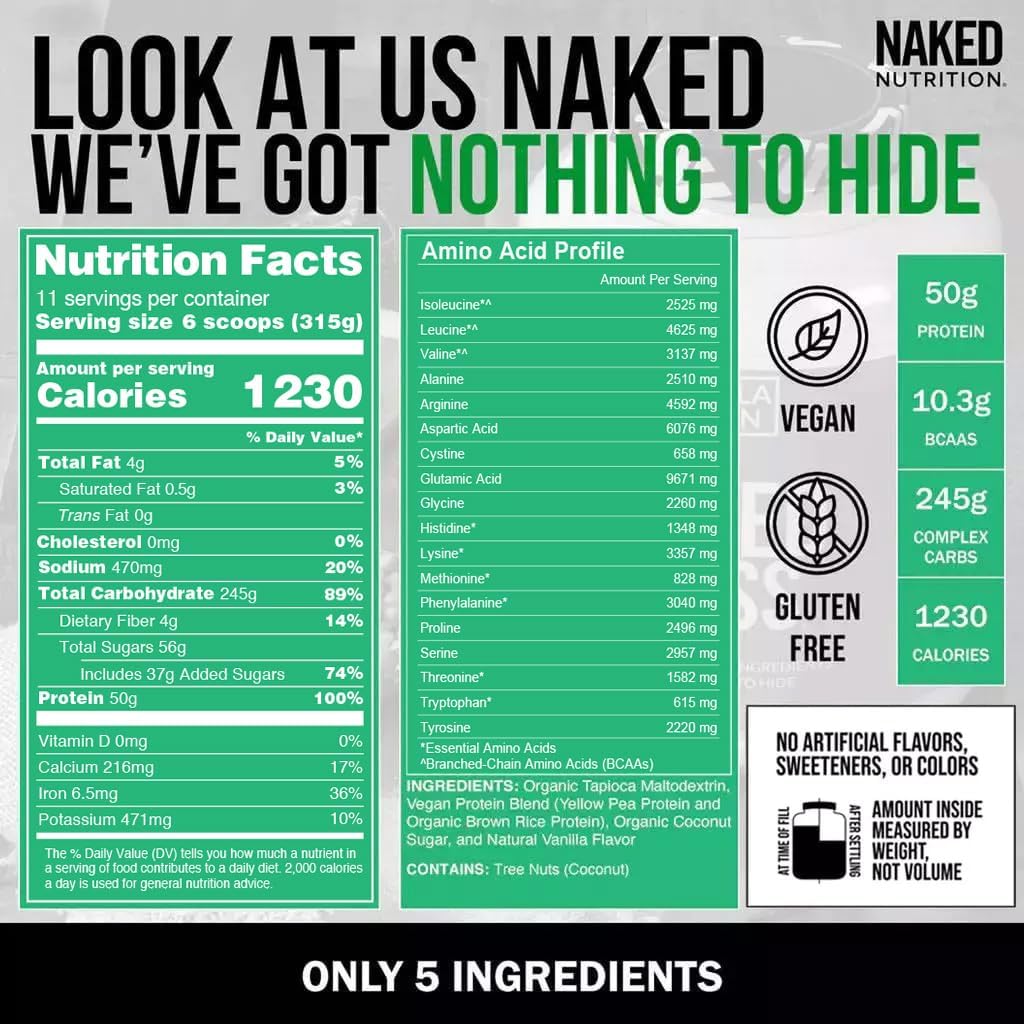 Vanilla Vegan Weight Gainer - Naked Nutrition Naked Mass - 8Lb Bulk - Non-GMO, Gluten-Free, Soy-Free & Dairy-Free - No Artificial Ingredients - 1,230 Calories - 11 Servings