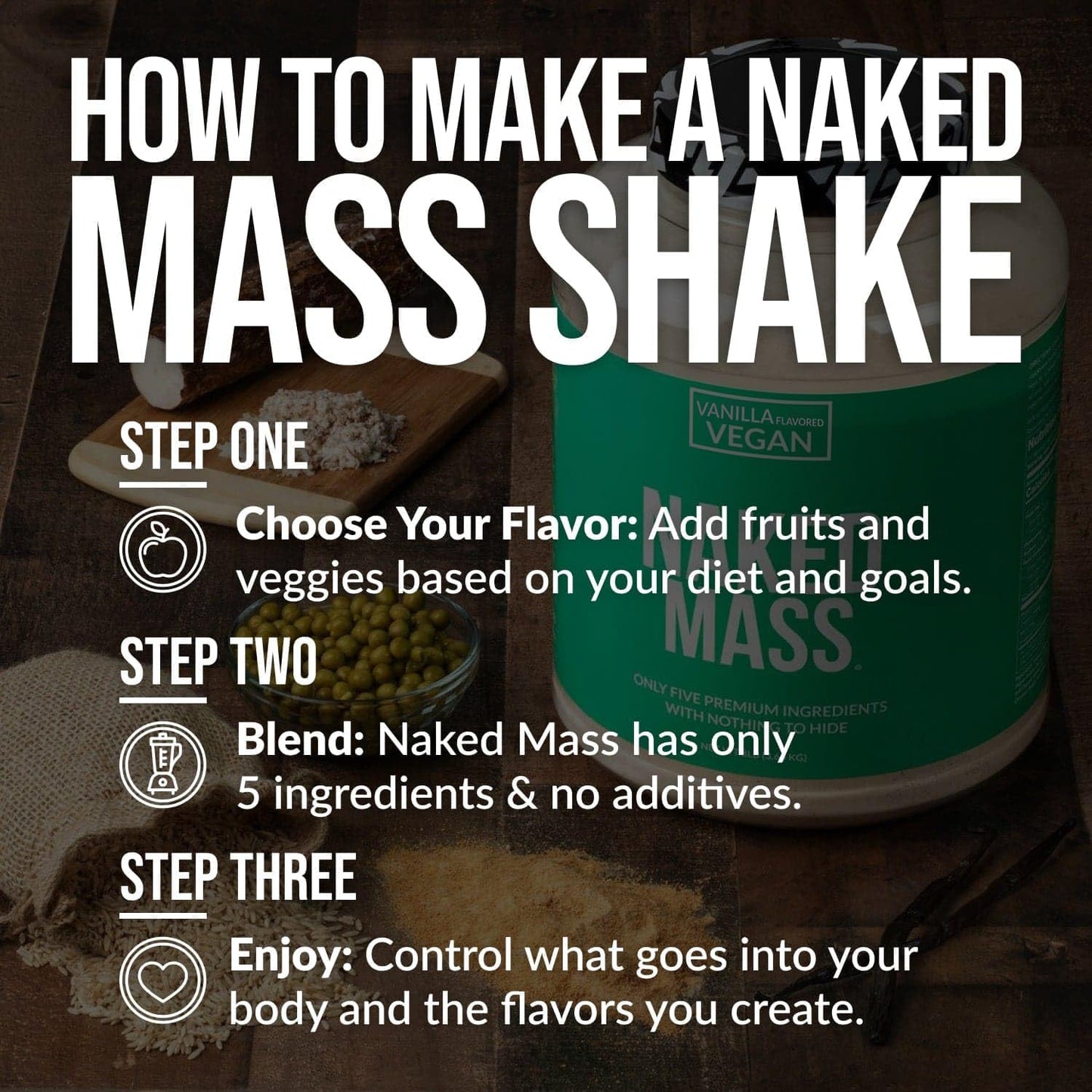 Vanilla Vegan Weight Gainer - Naked Nutrition Naked Mass - 8Lb Bulk - Non-GMO, Gluten-Free, Soy-Free & Dairy-Free - No Artificial Ingredients - 1,230 Calories - 11 Servings