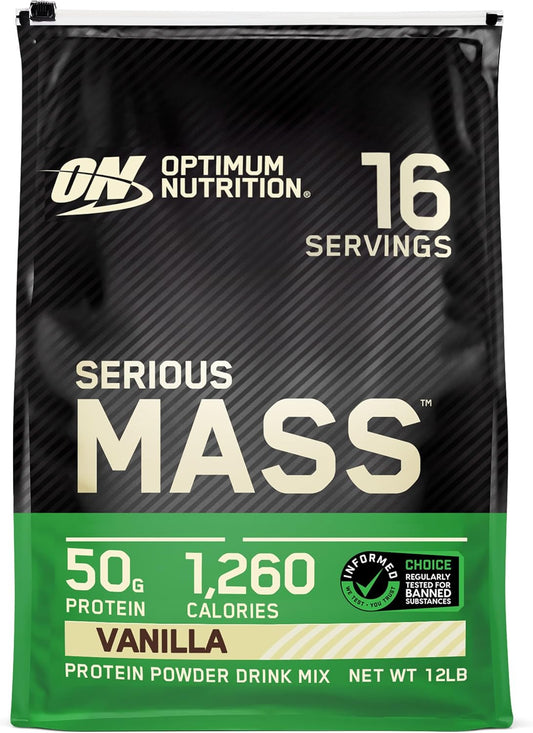 Vanilla Weight Gainer Protein Powder with Immune Support, 12 lb - Optimum Nutrition Serious Mass, Vitamin C and Zinc