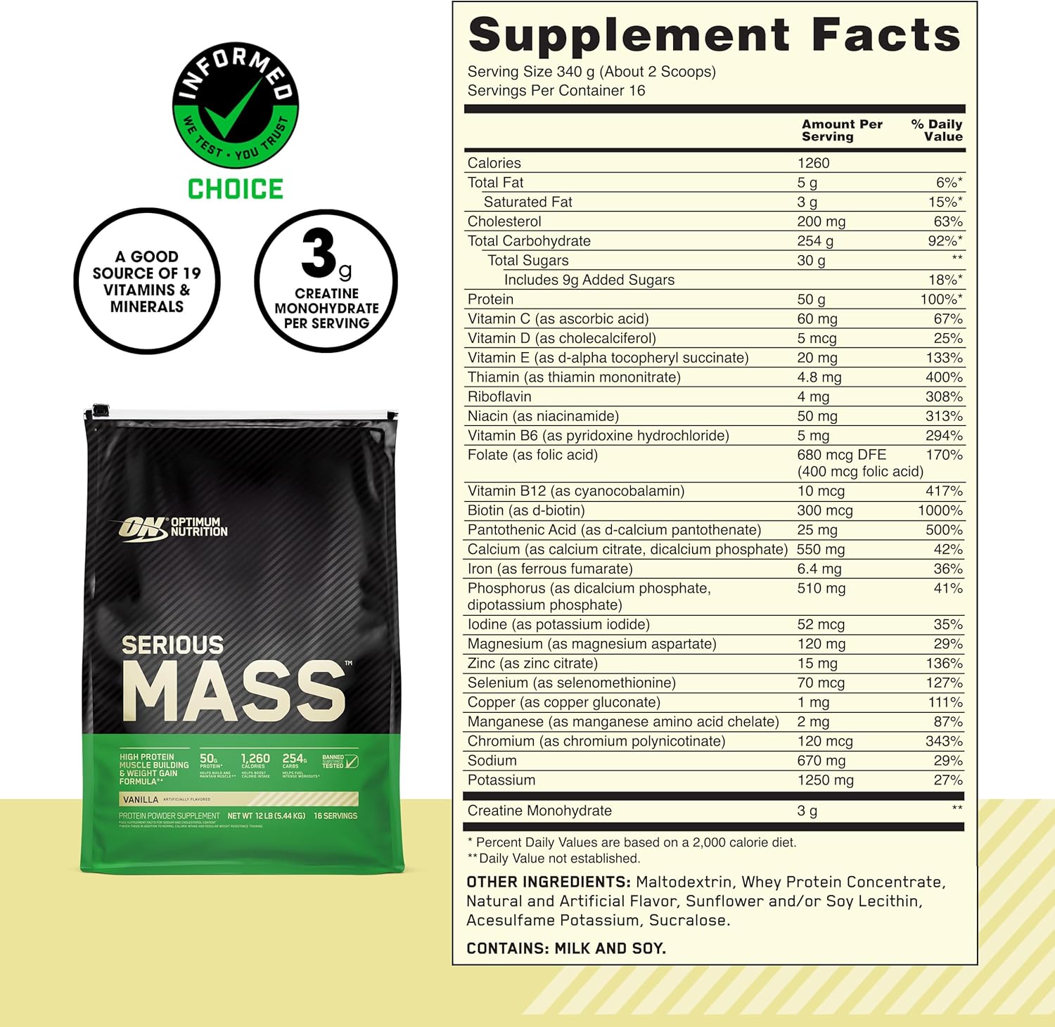 Vanilla Weight Gainer Protein Powder with Immune Support, 12 lb - Optimum Nutrition Serious Mass, Vitamin C and Zinc