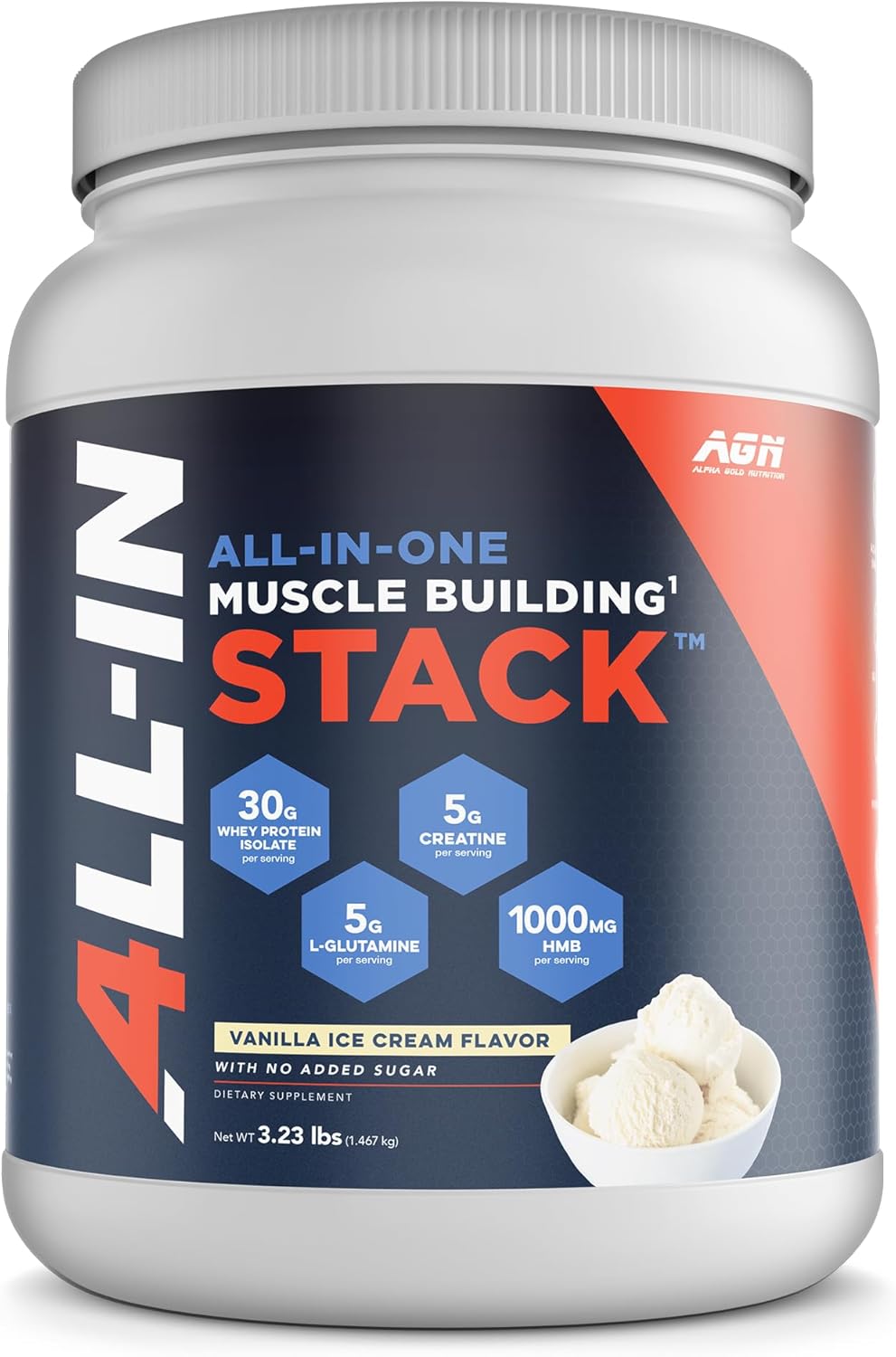 Vanilla Whey Protein Isolate, Creatine Monohydrate, HMB, L-Glutamine Stack - All-in-One Muscle Building Formula, 30 Servings