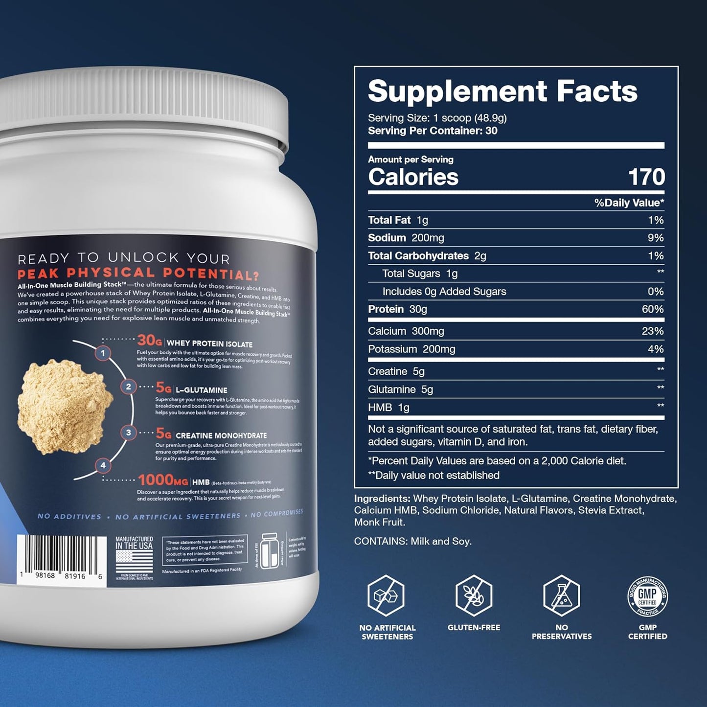 Vanilla Whey Protein Isolate, Creatine Monohydrate, HMB, L-Glutamine Stack - All-in-One Muscle Building Formula, 30 Servings