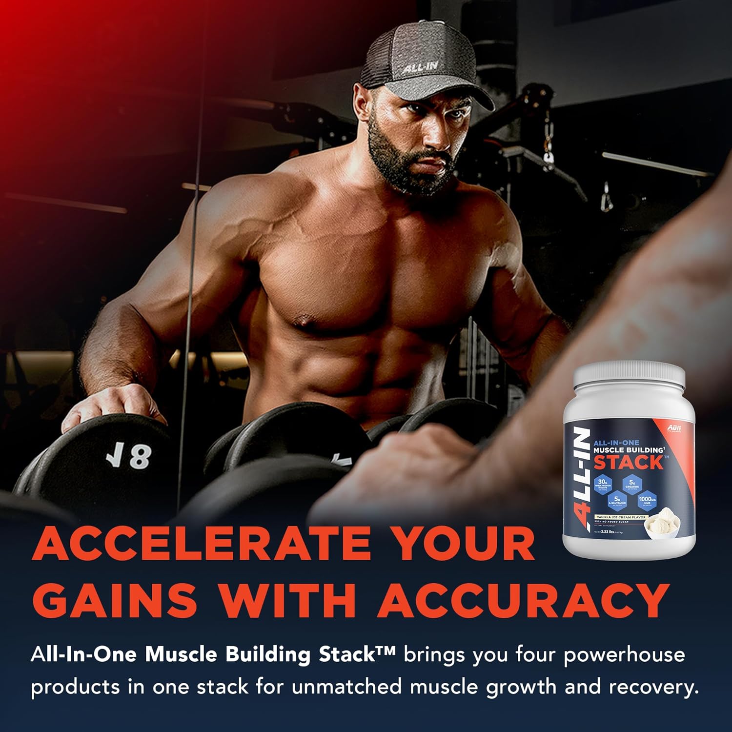 Vanilla Whey Protein Isolate, Creatine Monohydrate, HMB, L-Glutamine Stack - All-in-One Muscle Building Formula, 30 Servings