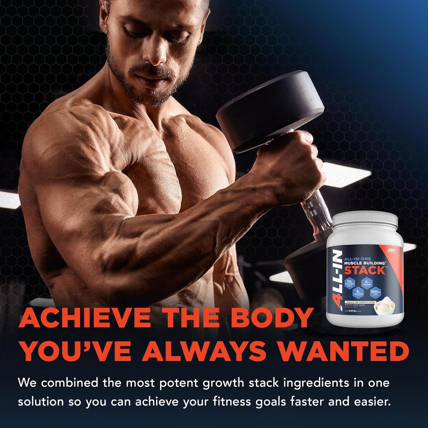 Vanilla Whey Protein Isolate, Creatine Monohydrate, HMB, L-Glutamine Stack - All-in-One Muscle Building Formula, 30 Servings