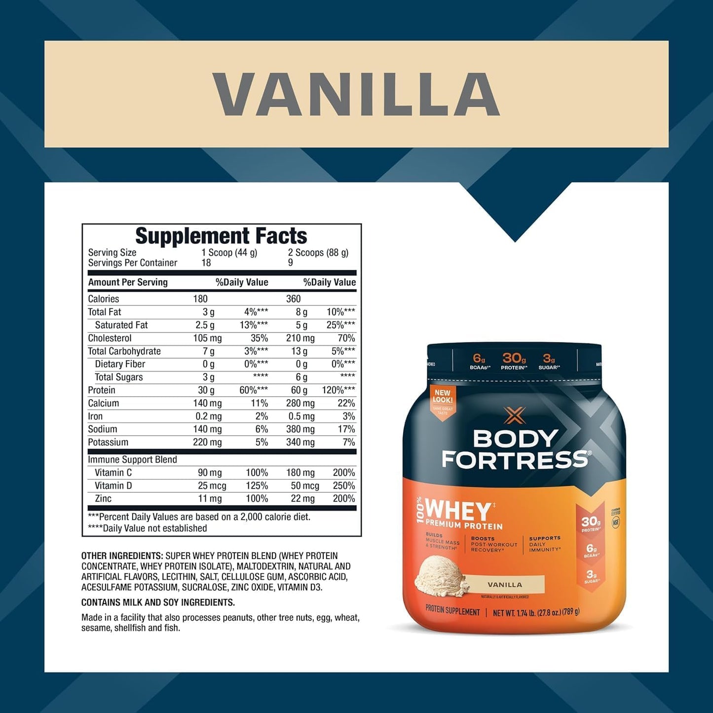 Vanilla Whey Protein Powder with Immune Support and Vitamins C, D, and Zinc - 1.74 lbs