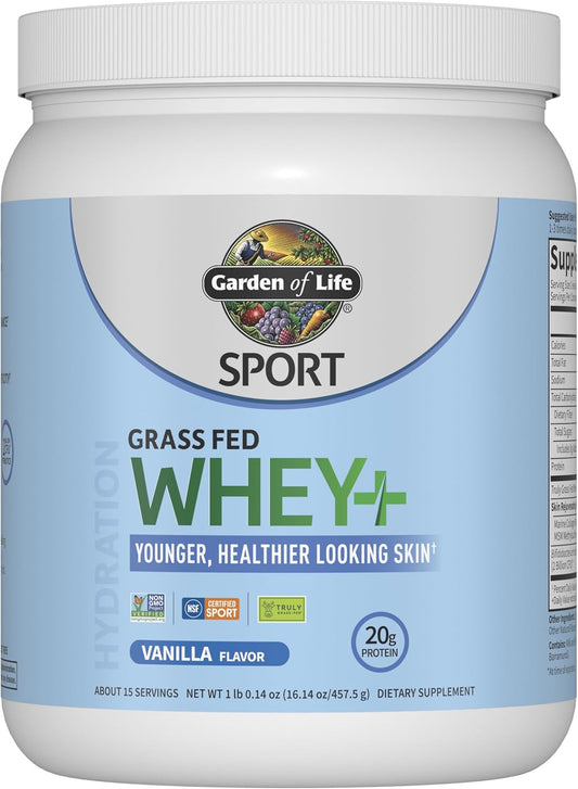 Vanilla Whey Protein Powder with Marine Collagen & MSM for Enhanced Energy and Skin Health - Grass Fed, 15 Servings