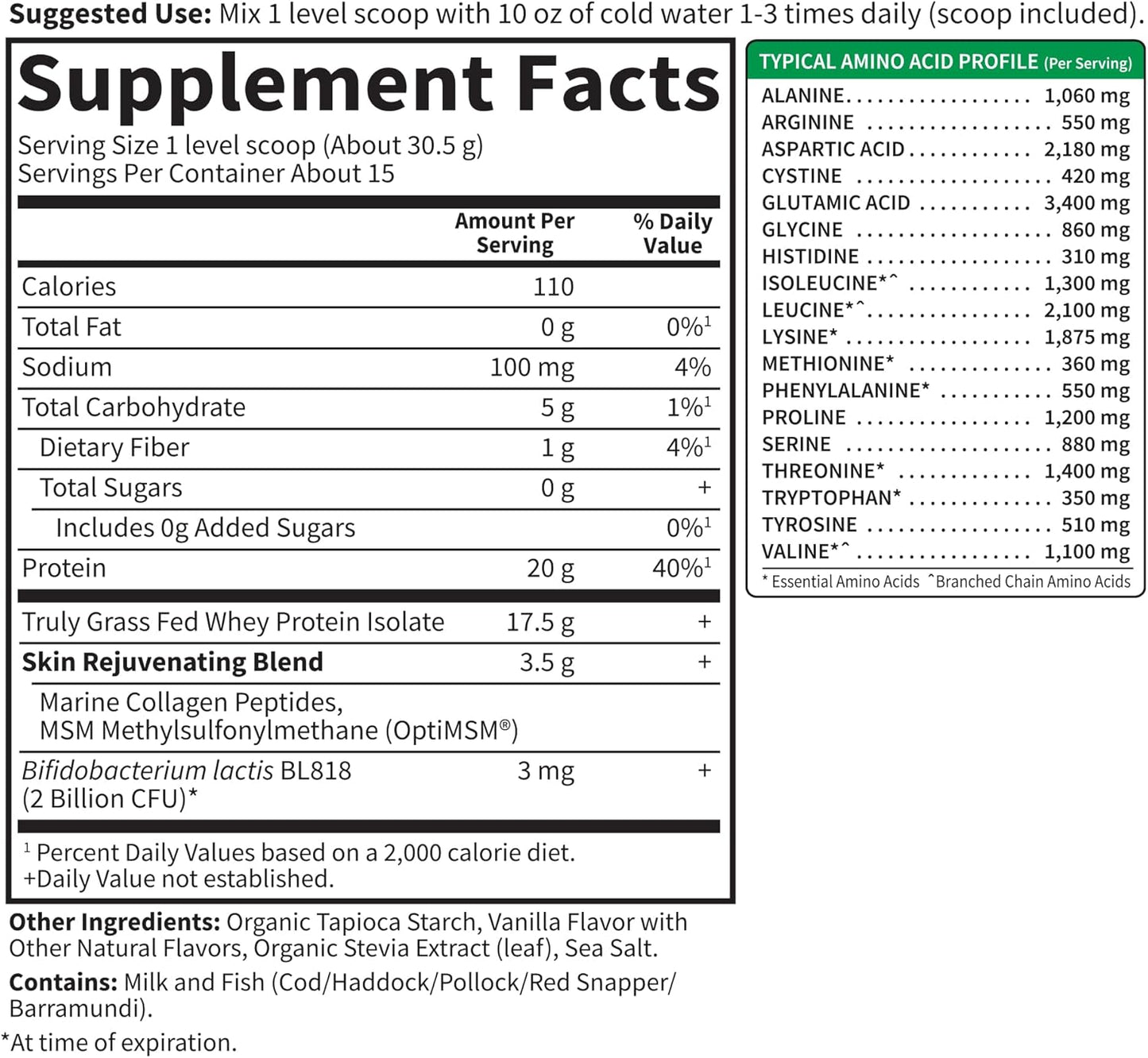 Vanilla Whey Protein Powder with Marine Collagen & MSM for Enhanced Energy and Skin Health - Grass Fed, 15 Servings