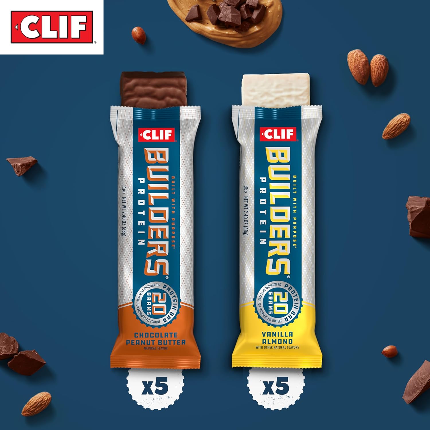 Variety Pack of CLIF Builder's Plant Based Protein Bars - Chocolate Peanut Butter and Vanilla Almond Flavors - Gluten Free, Non-GMO, Low Glycemic - 20g Protein - 2.4 oz bars - 10 Count