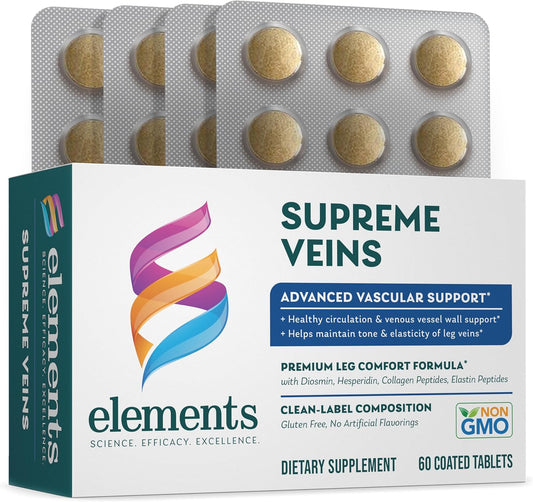 Vascular Support Supplement - Elements Supreme Veins, 60 Tablets, Gluten Free, Promotes Healthy Circulation and Elasticity in Leg Veins for 30 Days