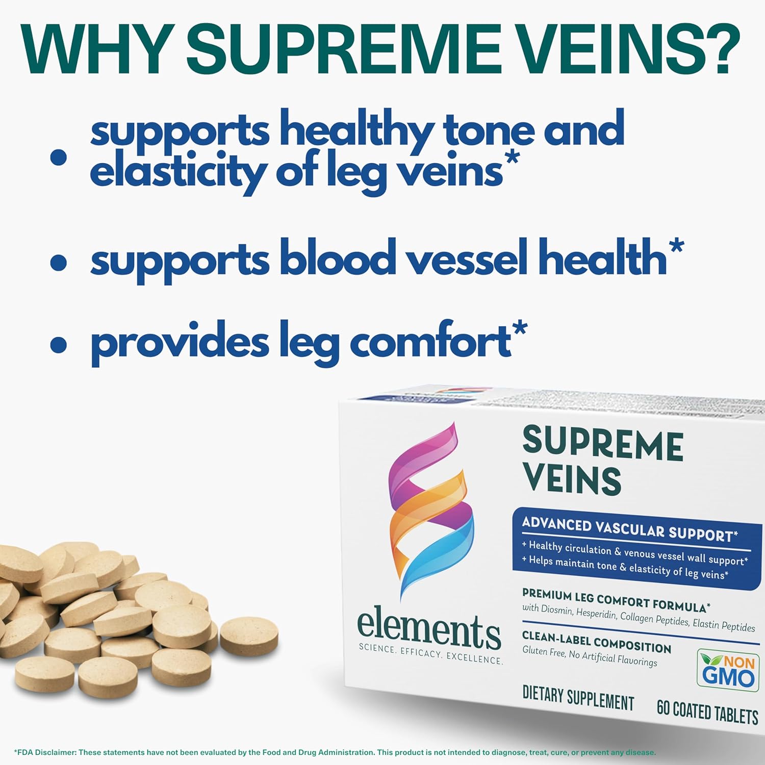 Vascular Support Supplement - Elements Supreme Veins, 60 Tablets, Gluten Free, Promotes Healthy Circulation and Elasticity in Leg Veins for 30 Days