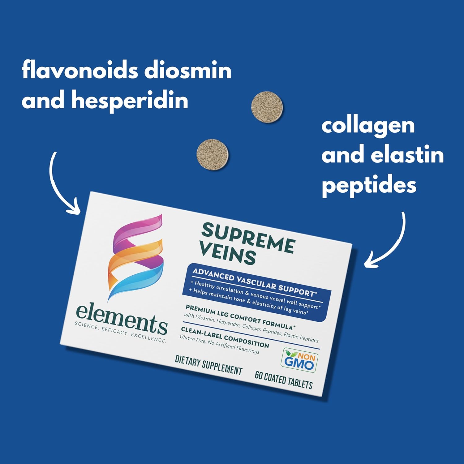 Vascular Support Supplement - Elements Supreme Veins, 60 Tablets, Gluten Free, Promotes Healthy Circulation and Elasticity in Leg Veins for 30 Days