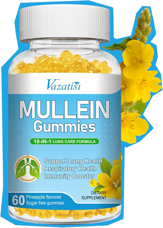 Vazatisi 10-in-1 Mullein Gummies with Bromelain, Quercetin, and Magnesium for Lung Health - Lung Cleanse Support, 60ct