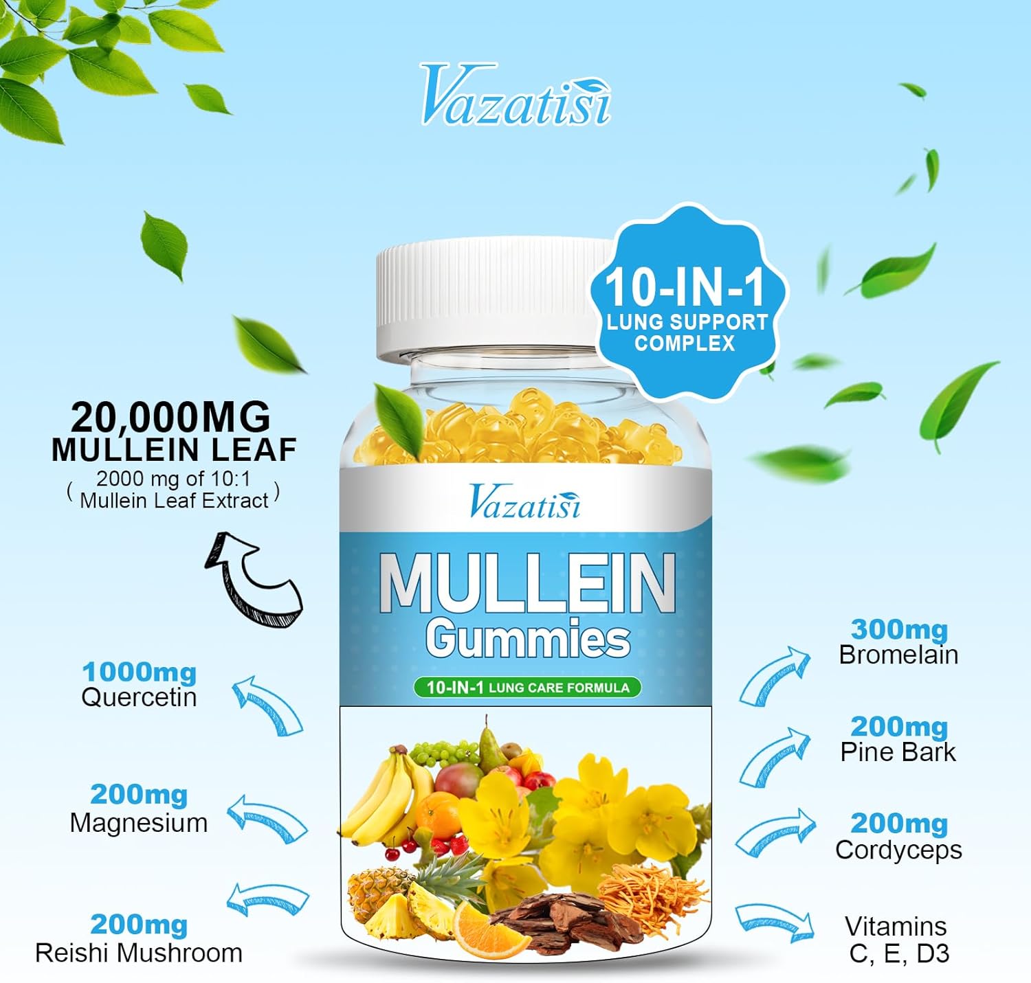 Vazatisi 10-in-1 Mullein Gummies with Bromelain, Quercetin, and Magnesium for Lung Health - Lung Cleanse Support, 60ct