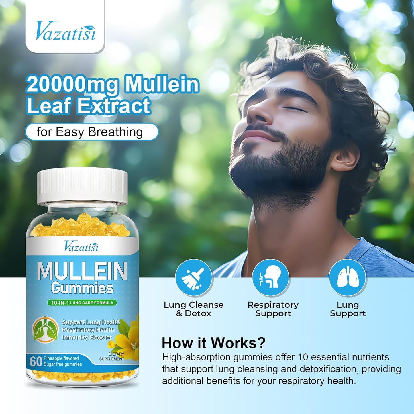 Vazatisi 10-in-1 Mullein Gummies with Bromelain, Quercetin, and Magnesium for Lung Health - Lung Cleanse Support, 60ct