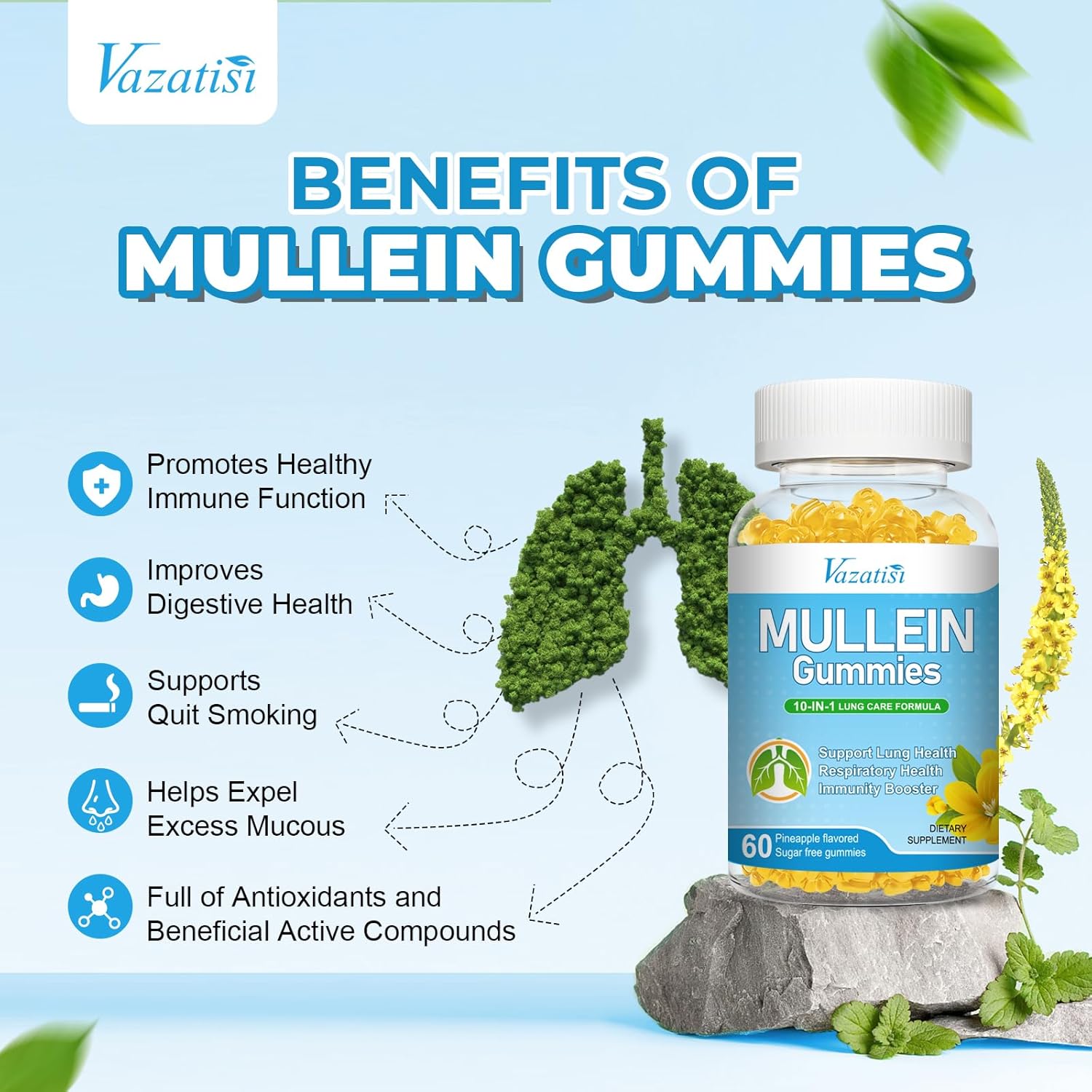 Vazatisi 10-in-1 Mullein Gummies with Bromelain, Quercetin, and Magnesium for Lung Health - Lung Cleanse Support, 60ct