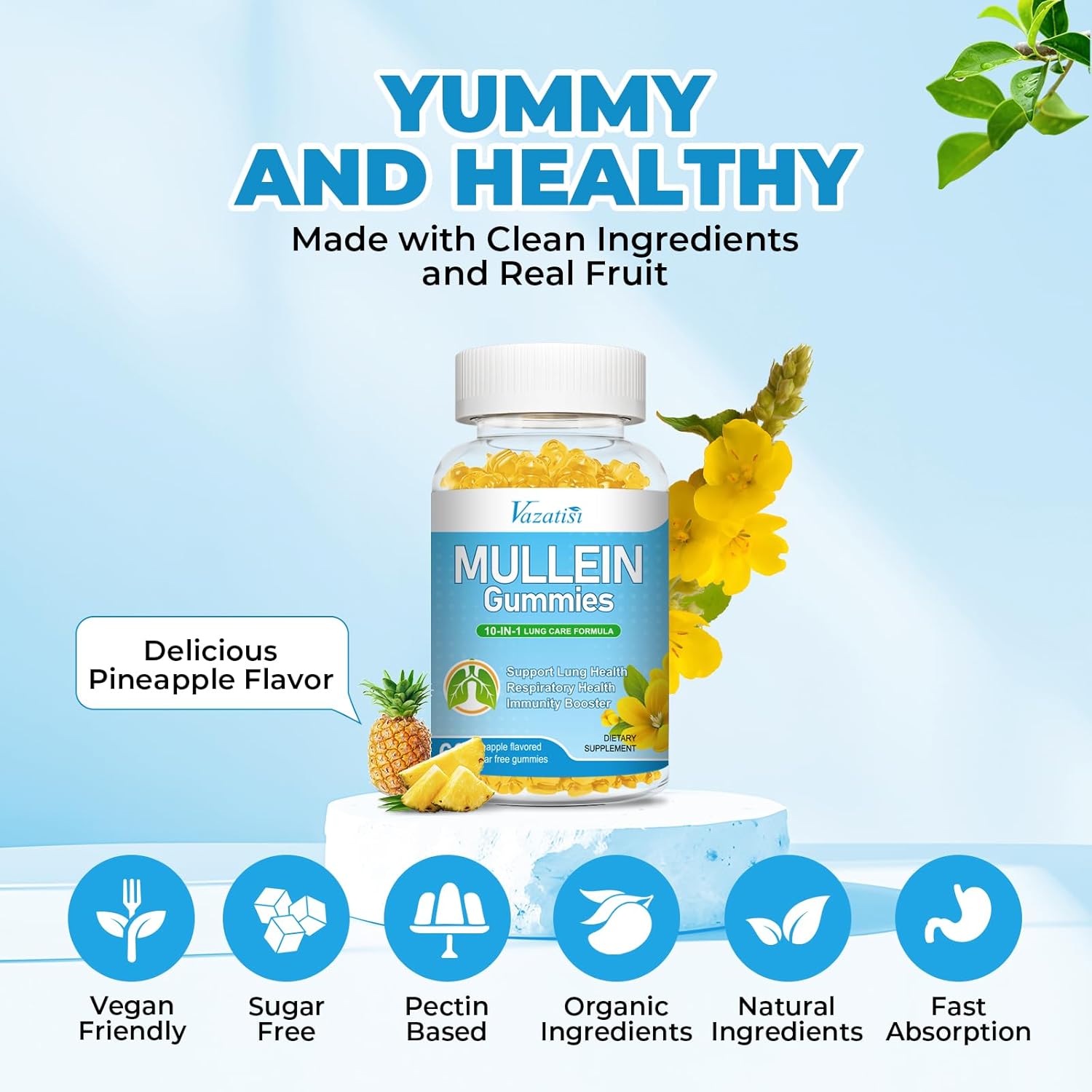 Vazatisi 10-in-1 Mullein Gummies with Bromelain, Quercetin, and Magnesium for Lung Health - Lung Cleanse Support, 60ct